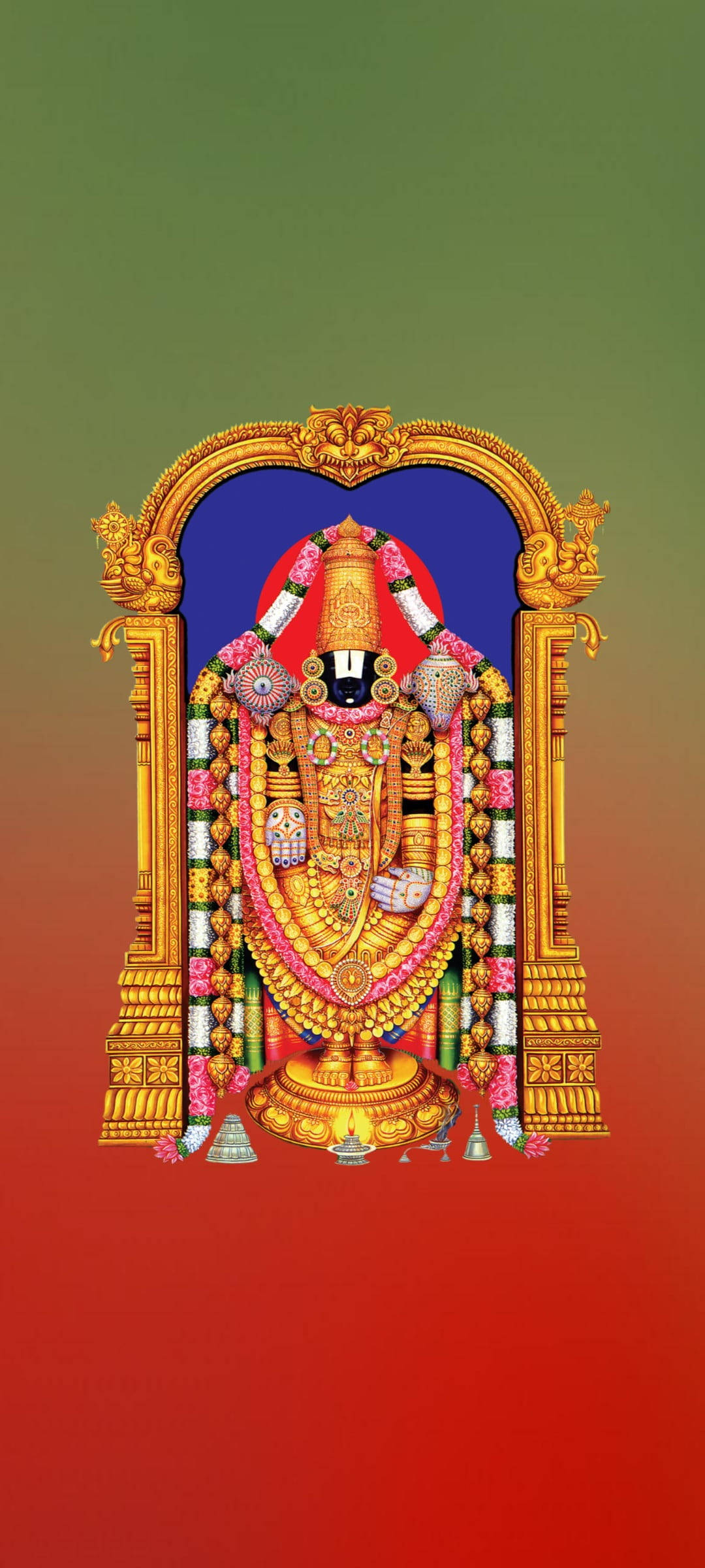 Tirupati Balaji, green red gradient, golden deity, Full HD Phone Wallpaper