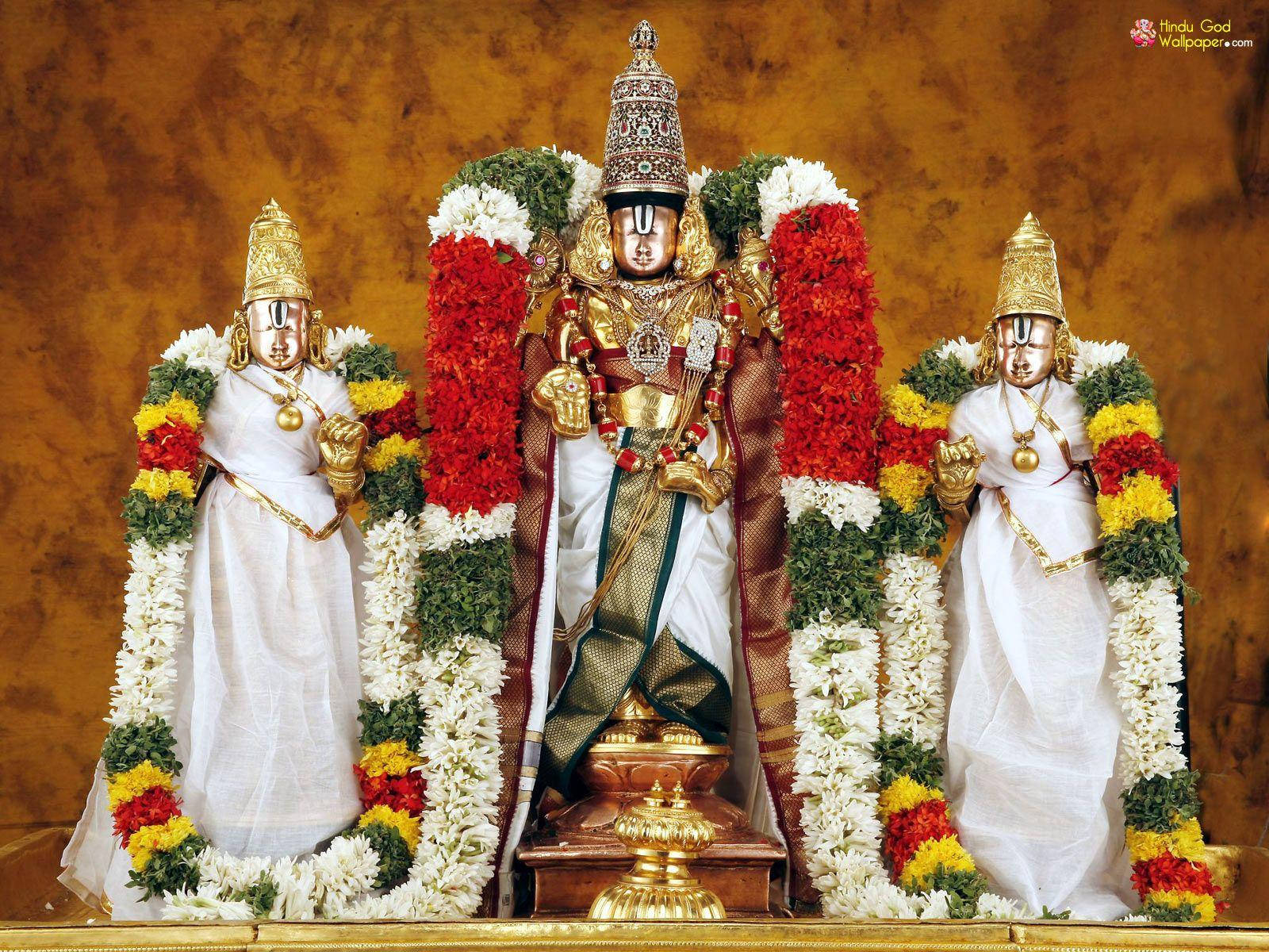 Tirupati Balaji, three statues, gold jewelry, HD Desktop Wallpaper