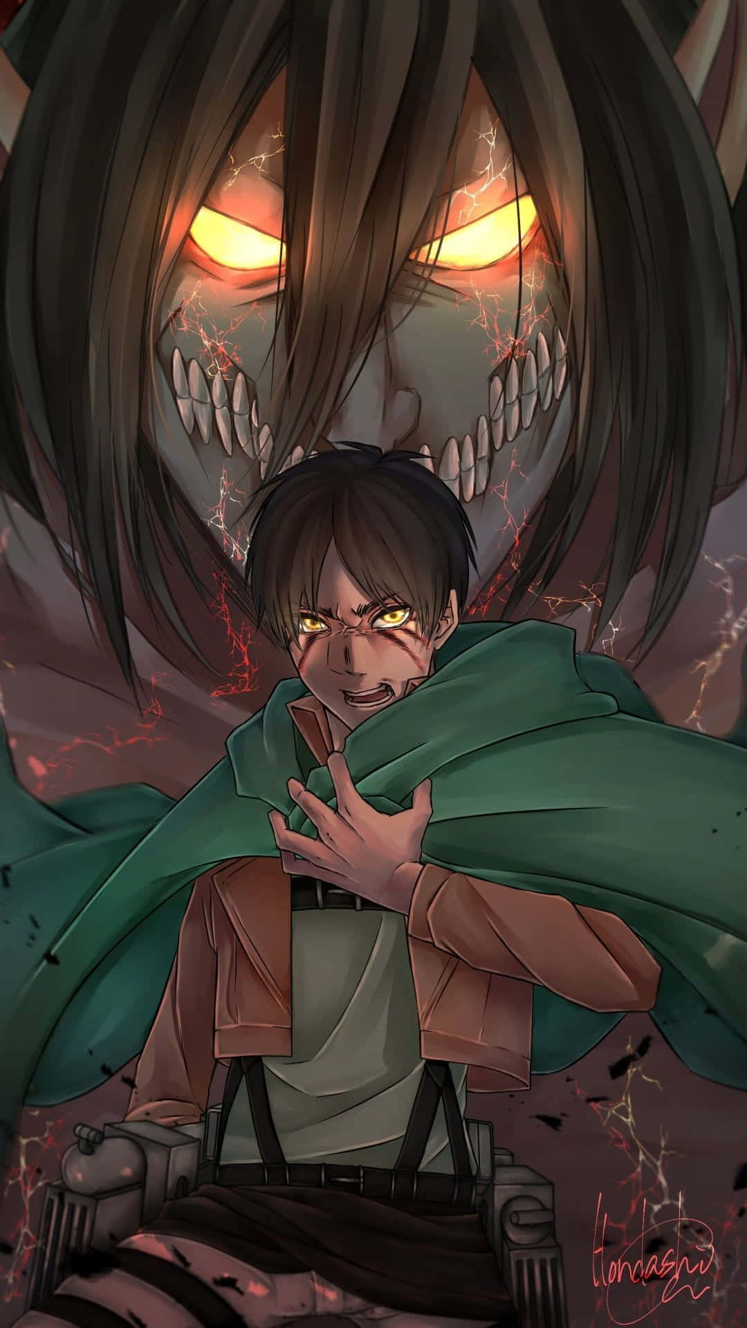 Titan Shifters, glowing yellow eyes, green cloak, Full HD Phone Wallpaper