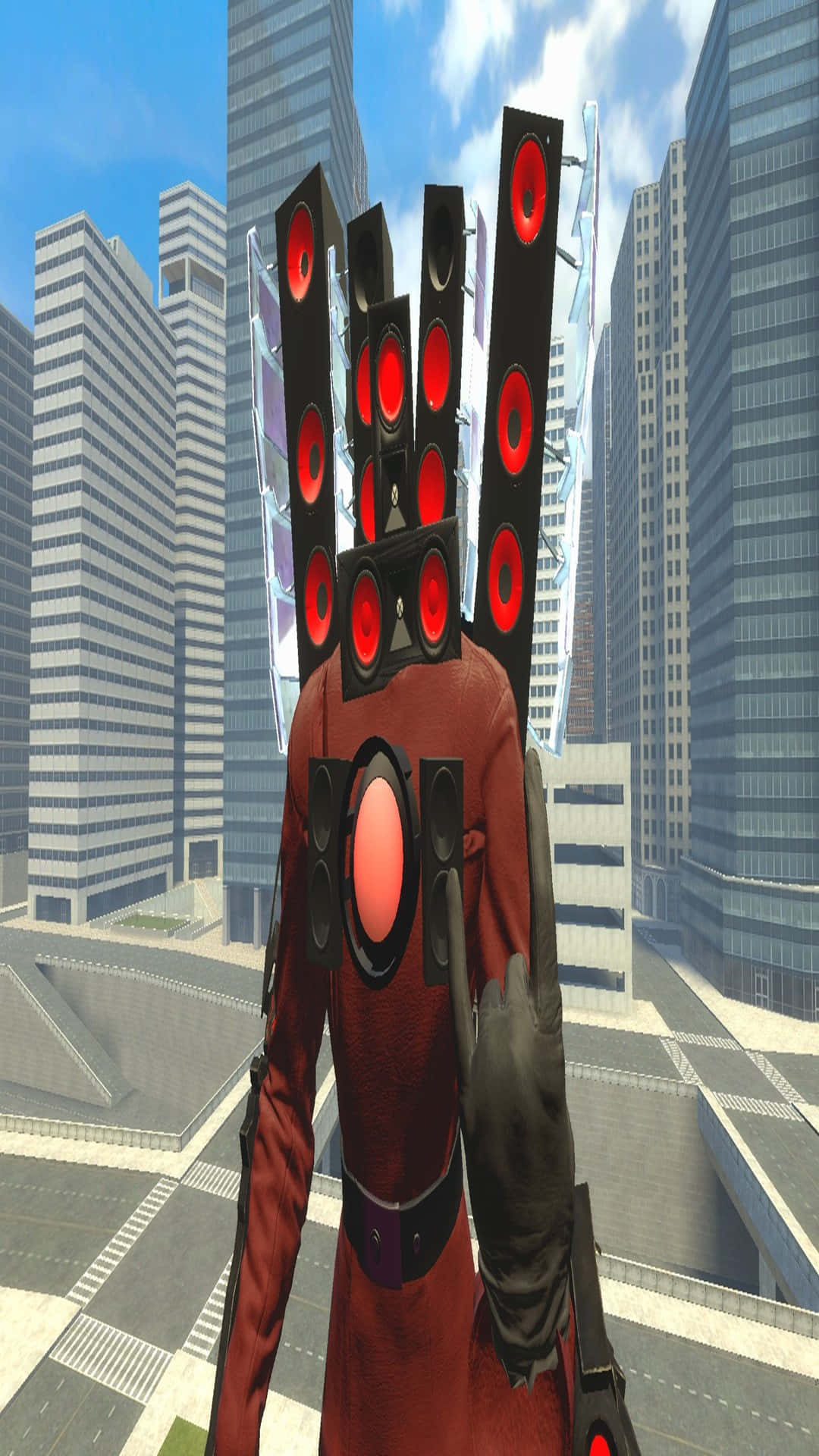 red armored figure, glowing red speakers for a head, futuristic cityscape, Full HD Phone Wallpaper