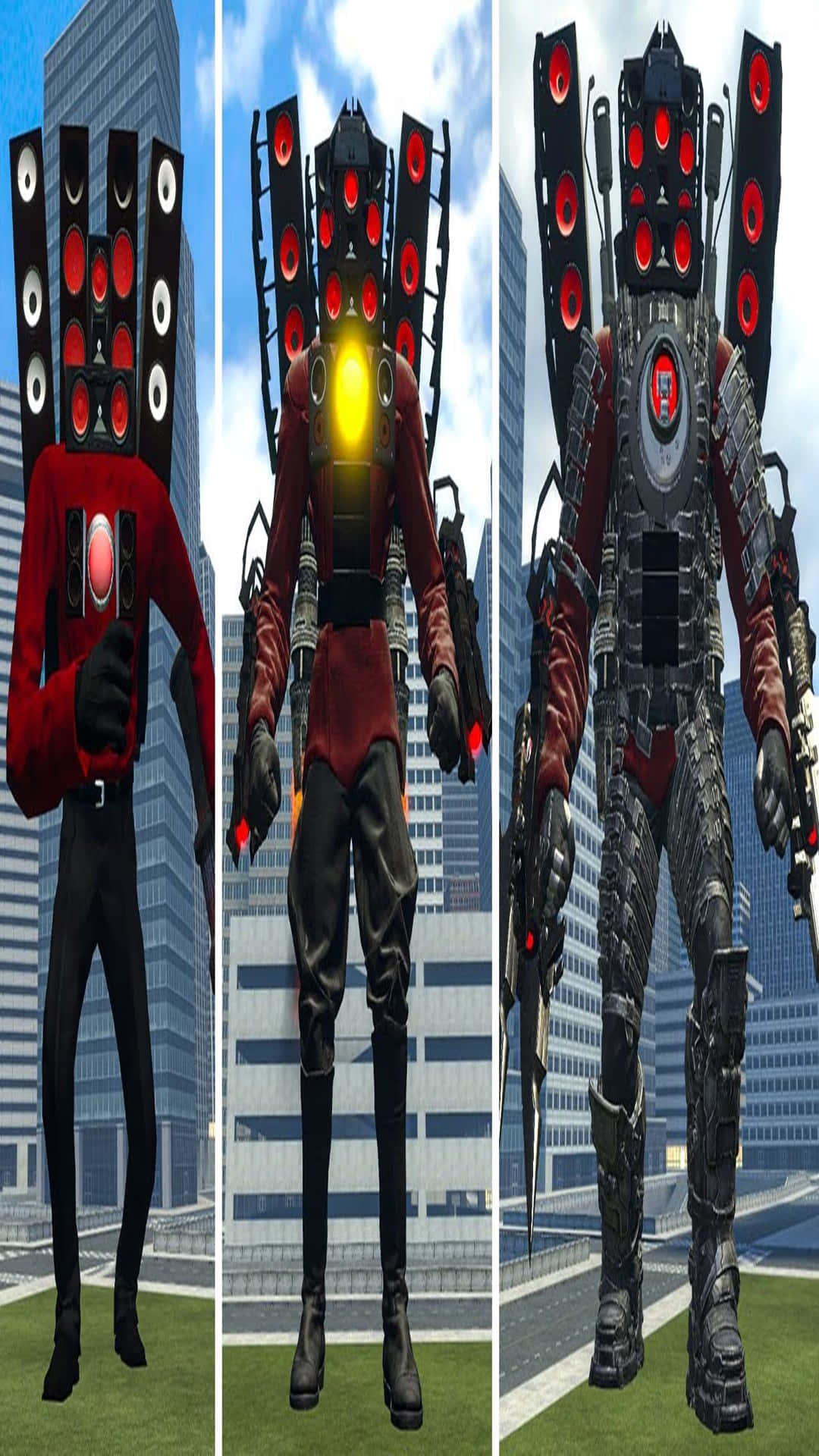 Titan Speaker Man, glowing red and yellow eyes, cityscape, Full HD Phone Wallpaper