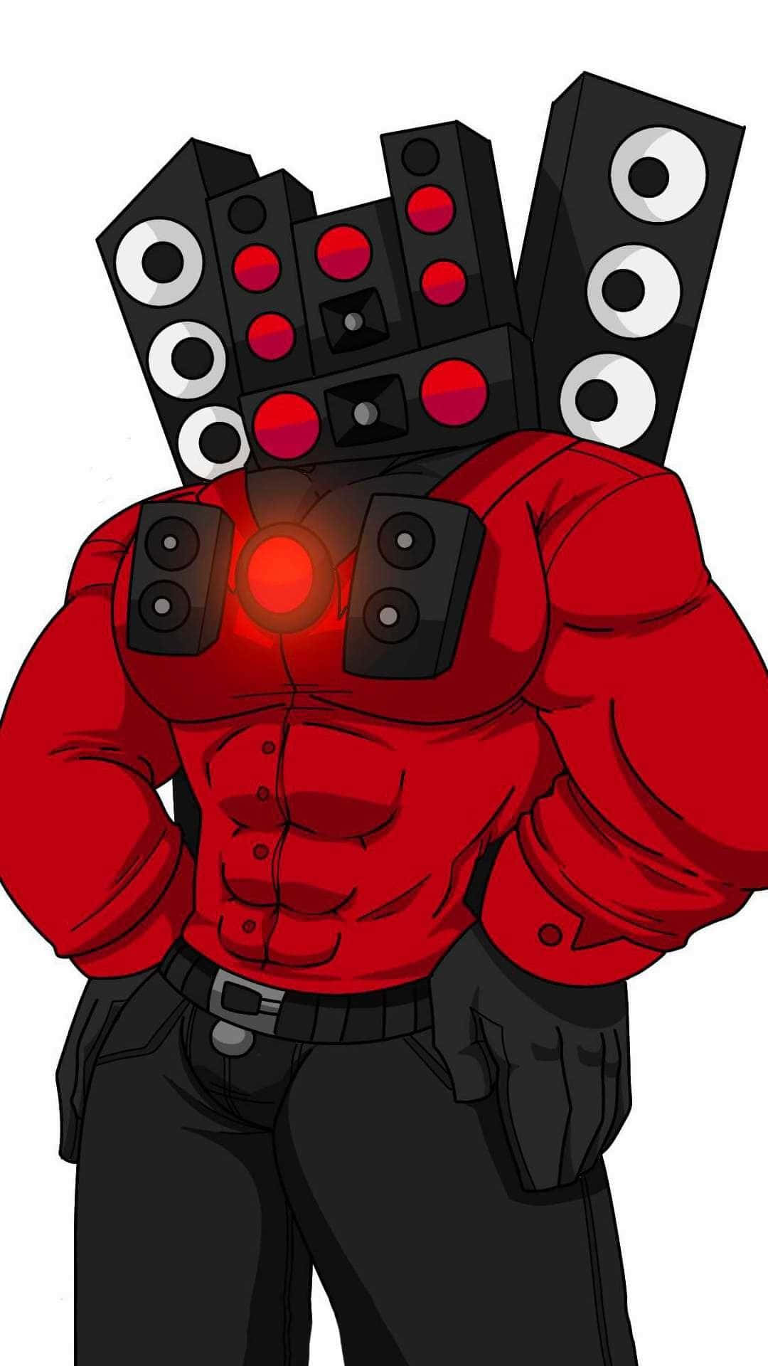 speaker stacks for a head, red glowing core, bold red shirt, Full HD Phone Wallpaper