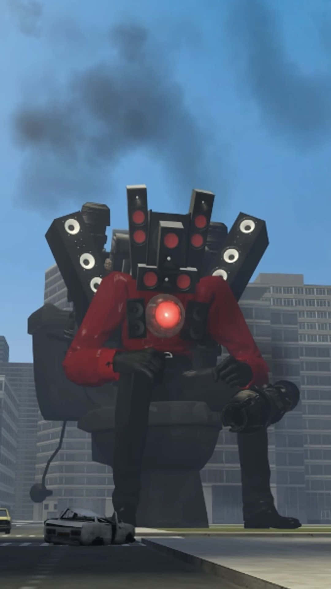 giant speaker robot, red and black, glowing red eyes, Full HD Phone Wallpaper