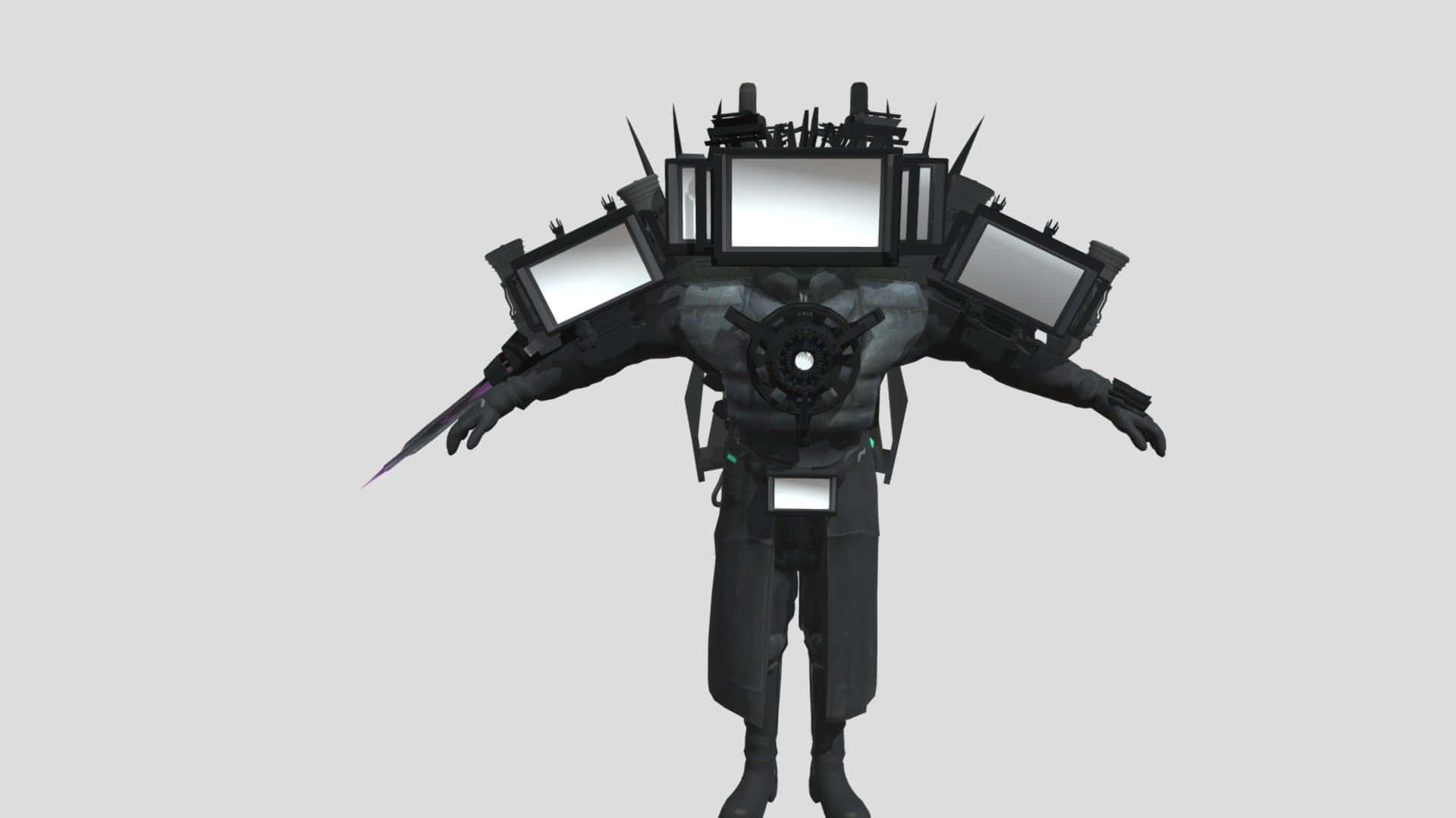 futuristic television manipulator robot, black armored figure, multiple screens for a head, Full HD Desktop Wallpaper