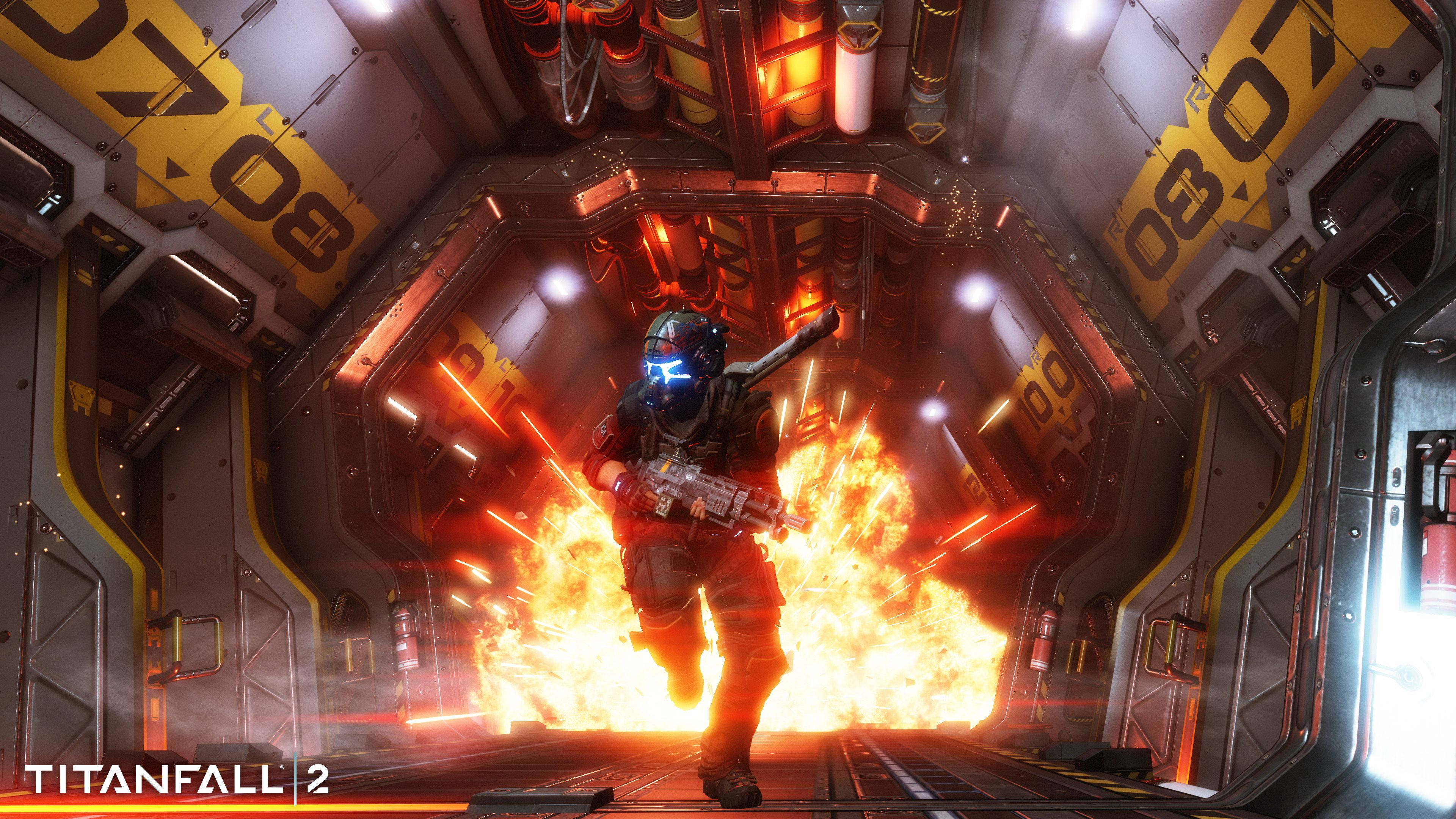 Titanfall 2, explosion, metallic spaceship corridor, 4K Desktop Wallpaper