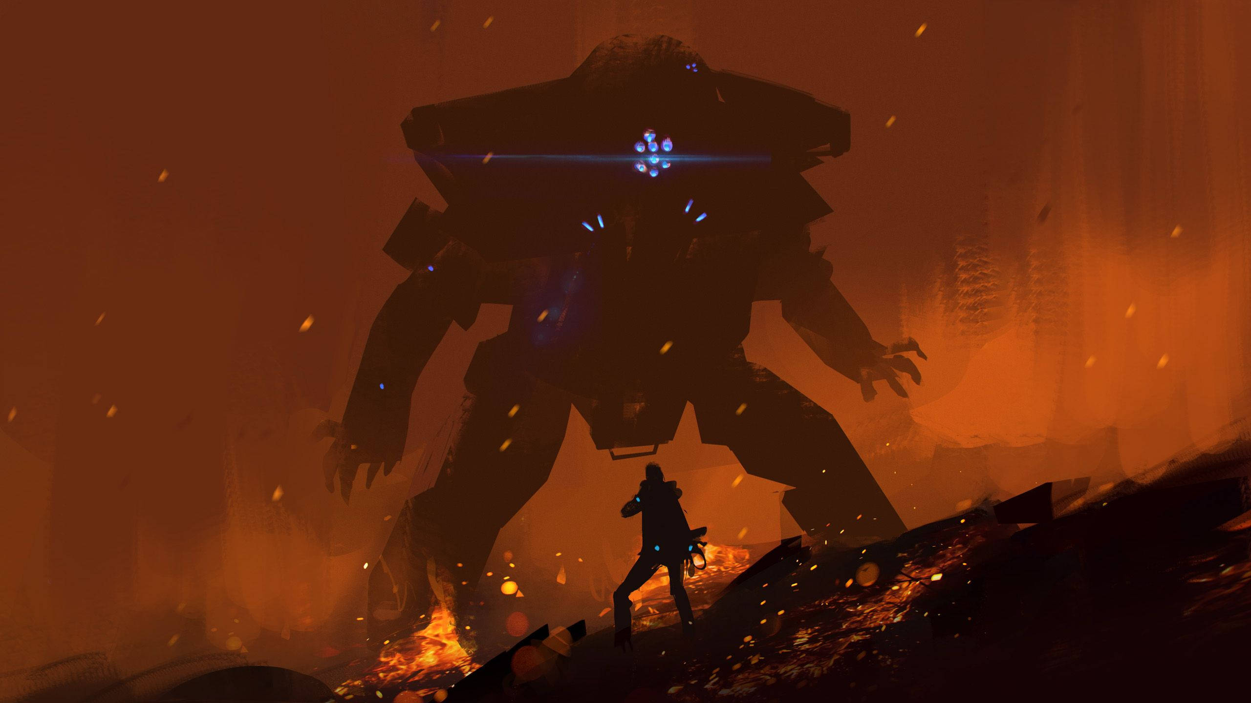 Titanfall 2, colossal glowing mech, fiery ruined cityscape, 2K Desktop Wallpaper
