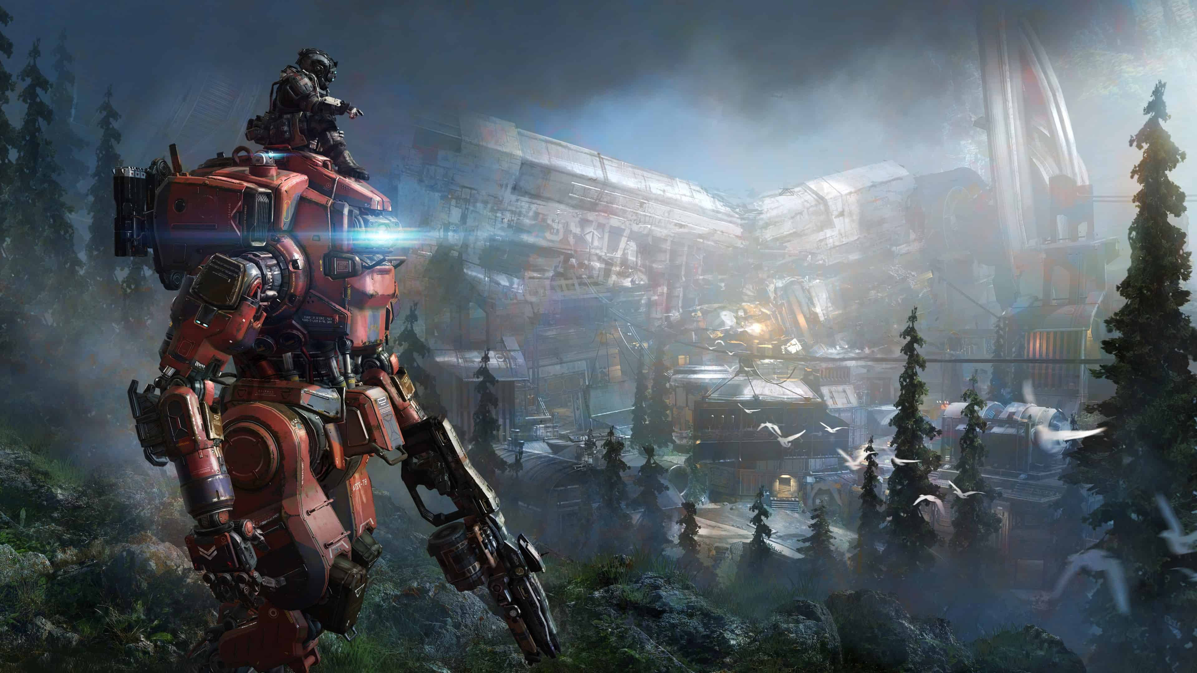 Titanfall 2, red armored soldier, forested hill, 4K Desktop Wallpaper