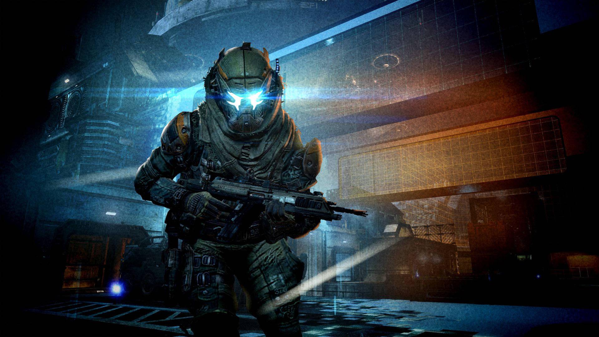 Titanfall, glowing blue visor, dark industrial setting, Full HD Desktop Wallpaper