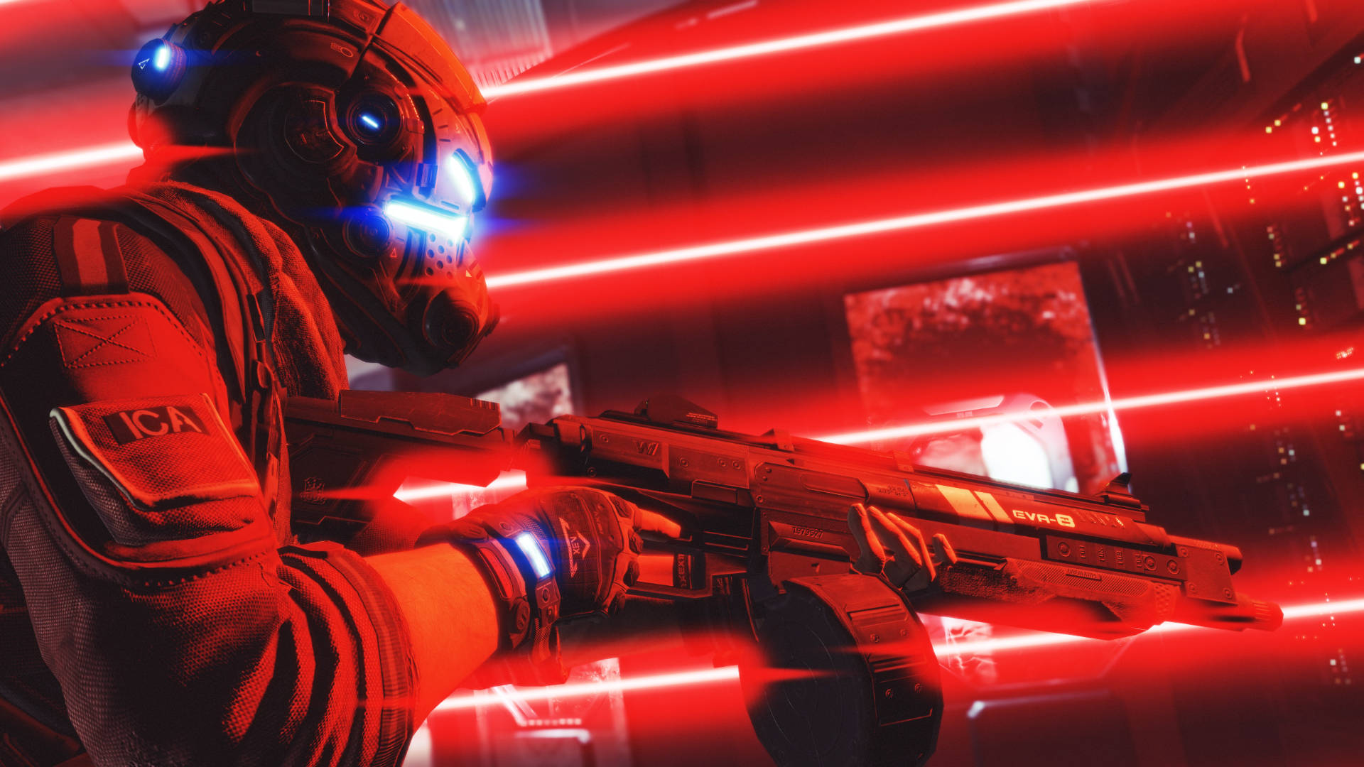 Titanfall, glowing blue eyes, intense red neon lights, Full HD Desktop Wallpaper