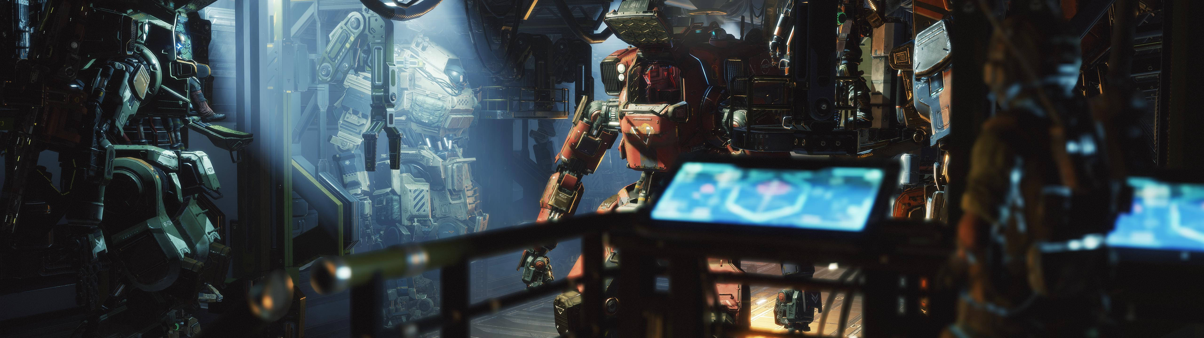 Titanfall 2, red and gray mechs, dimly lit industrial hangar, 5K Desktop Wallpaper