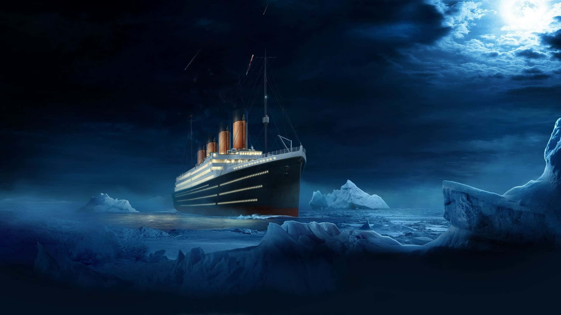 Titanic, icy waters, moonlit sky, Full HD Desktop Wallpaper