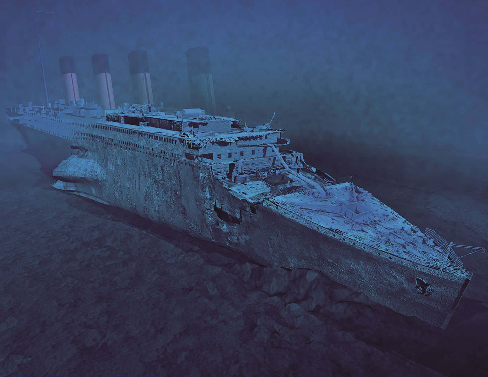 Titanic, eerie blue depths, broken hull, HD Desktop Wallpaper