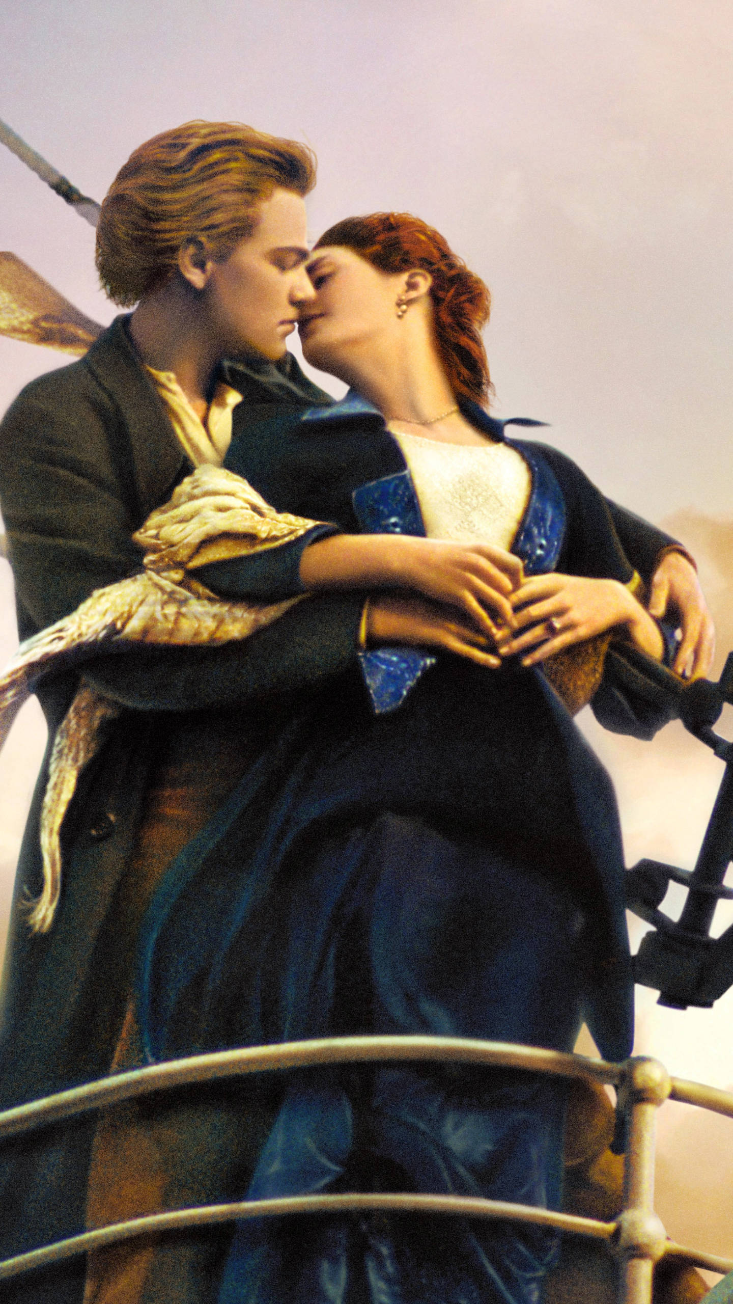 Titanic, couple kissing, ship's railing, 2K Phone Wallpaper