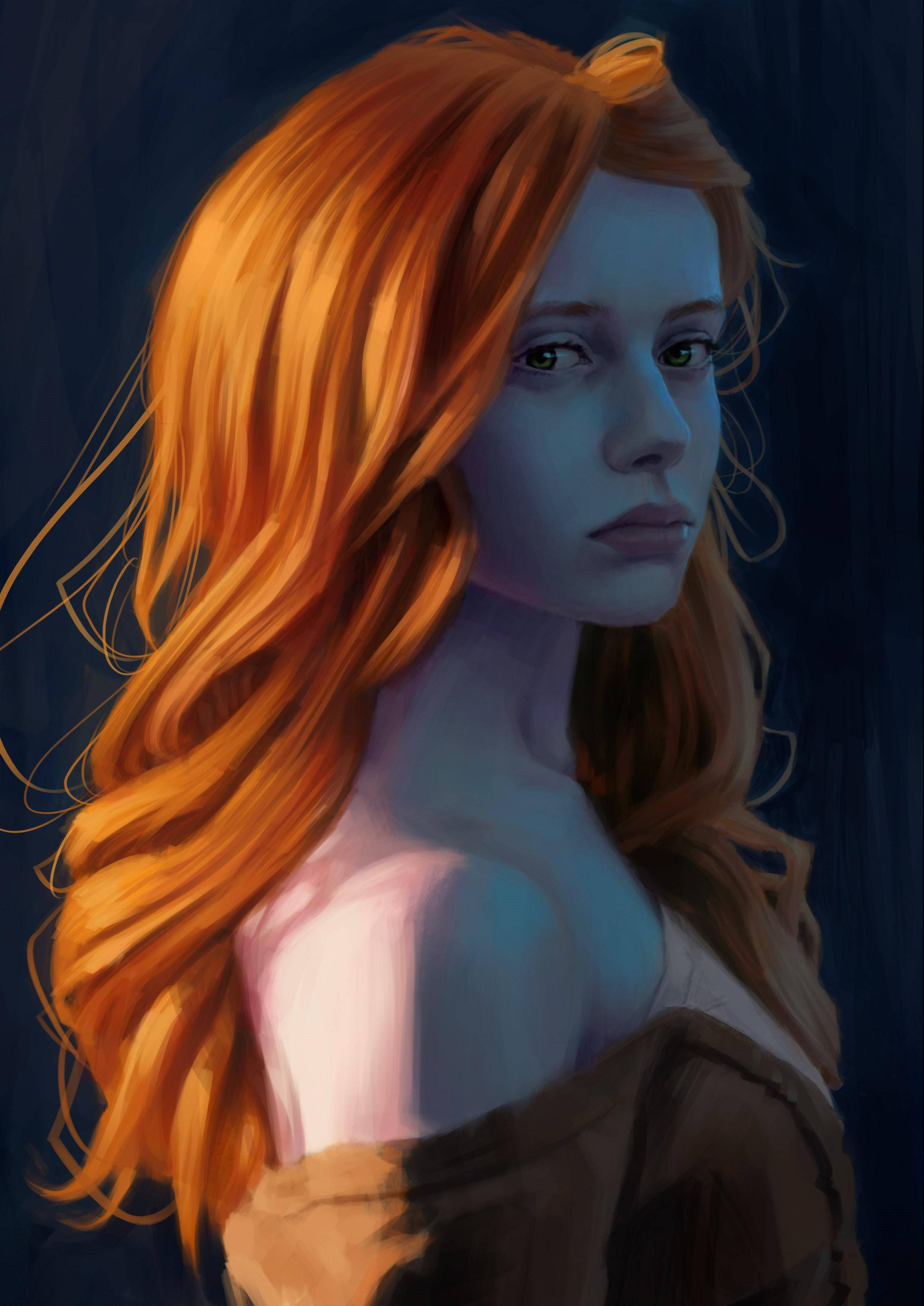 Titanic, fiery red hair, dark blue background, 2K Phone Wallpaper