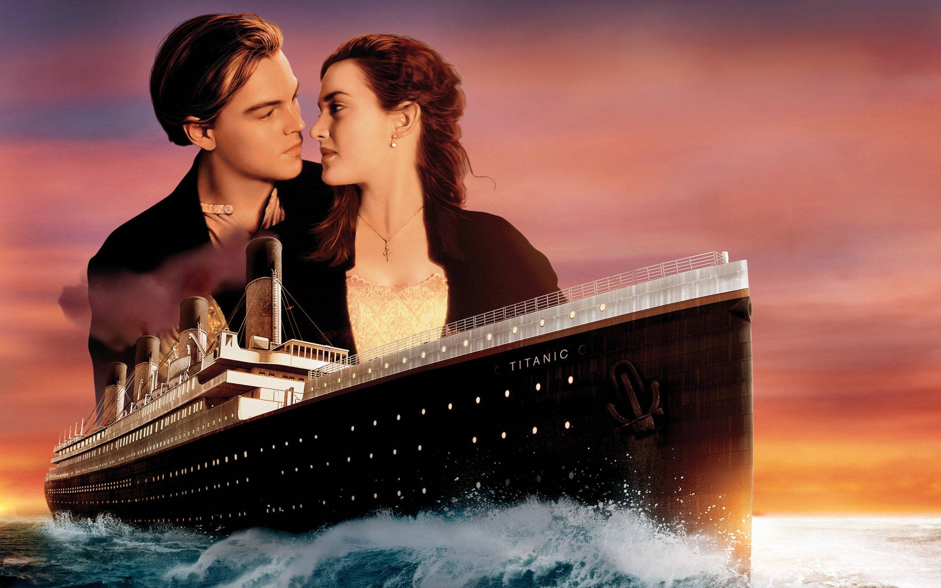 Titanic, sailing through stormy seas, sunset, Full HD Desktop Wallpaper