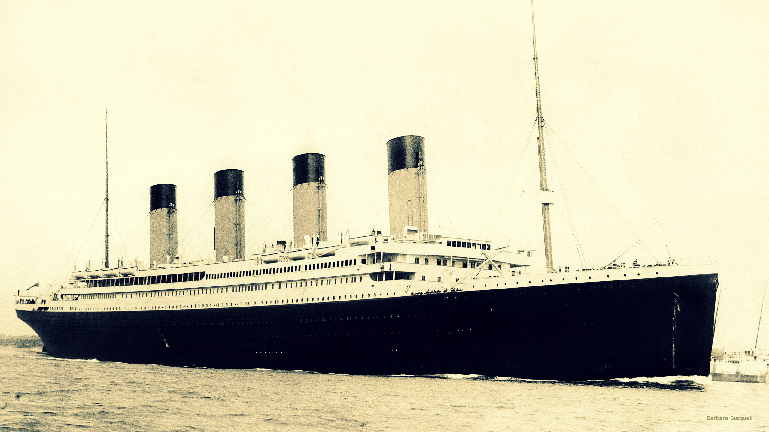 Titanic, sepia-toned photograph, calm waters, 2K Desktop Wallpaper