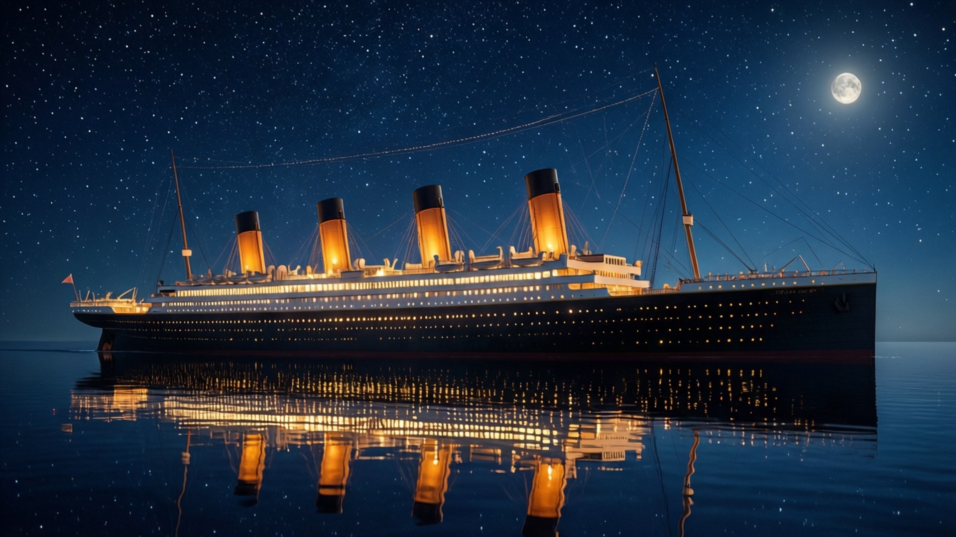 Titanic, starry night sky, full moon, Full HD Desktop Wallpaper