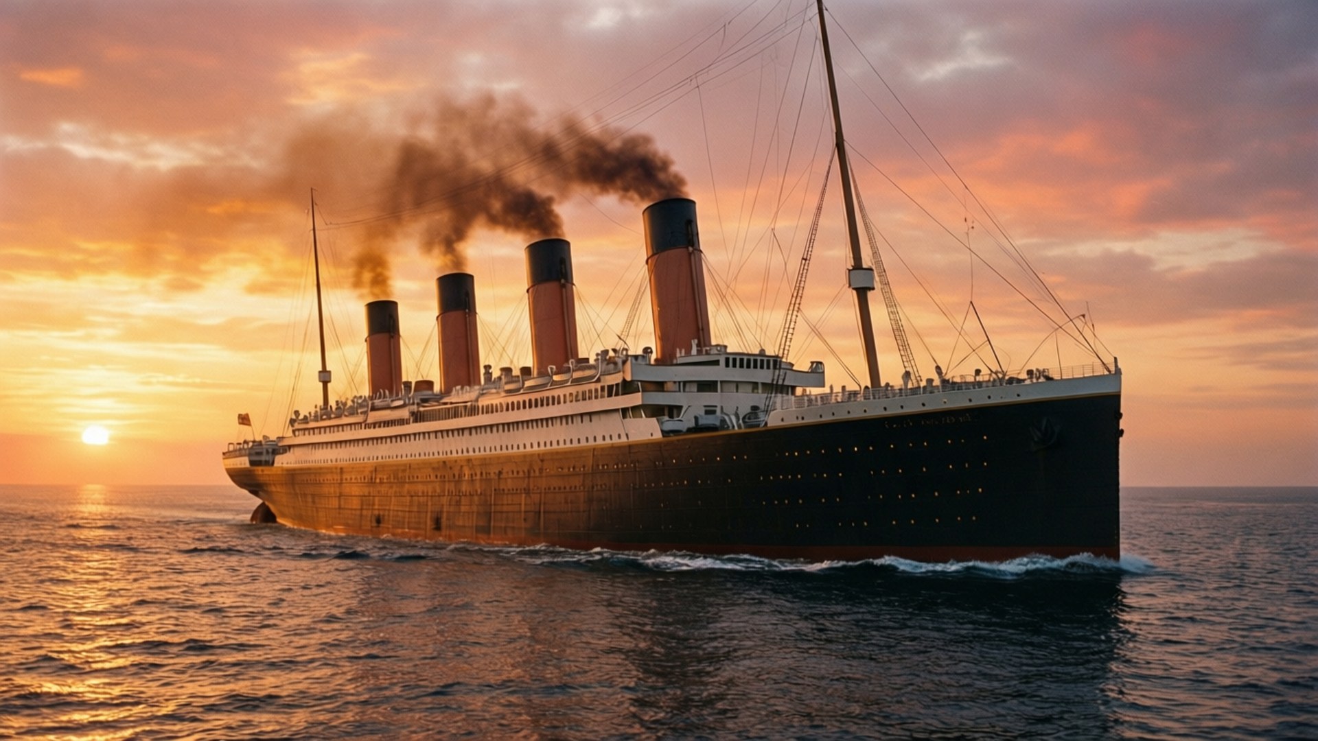 Titanic, sunset, four smokestacks, Full HD Desktop Wallpaper