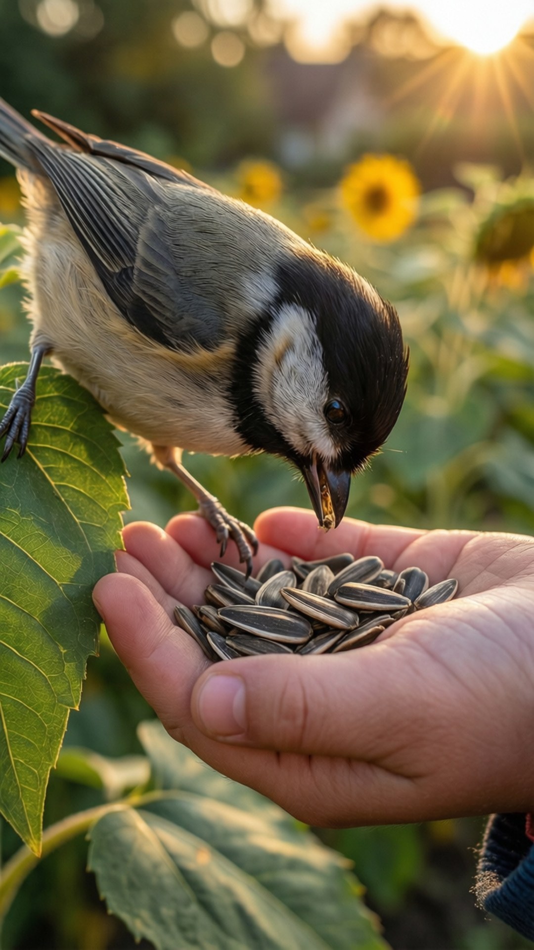Titmouse, sunflower seeds, human hand, Full HD Phone Wallpaper