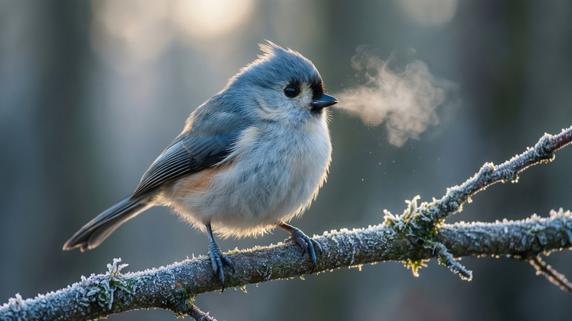 Titmouse, frosty branch, soft morning forest, Full HD Desktop Wallpaper