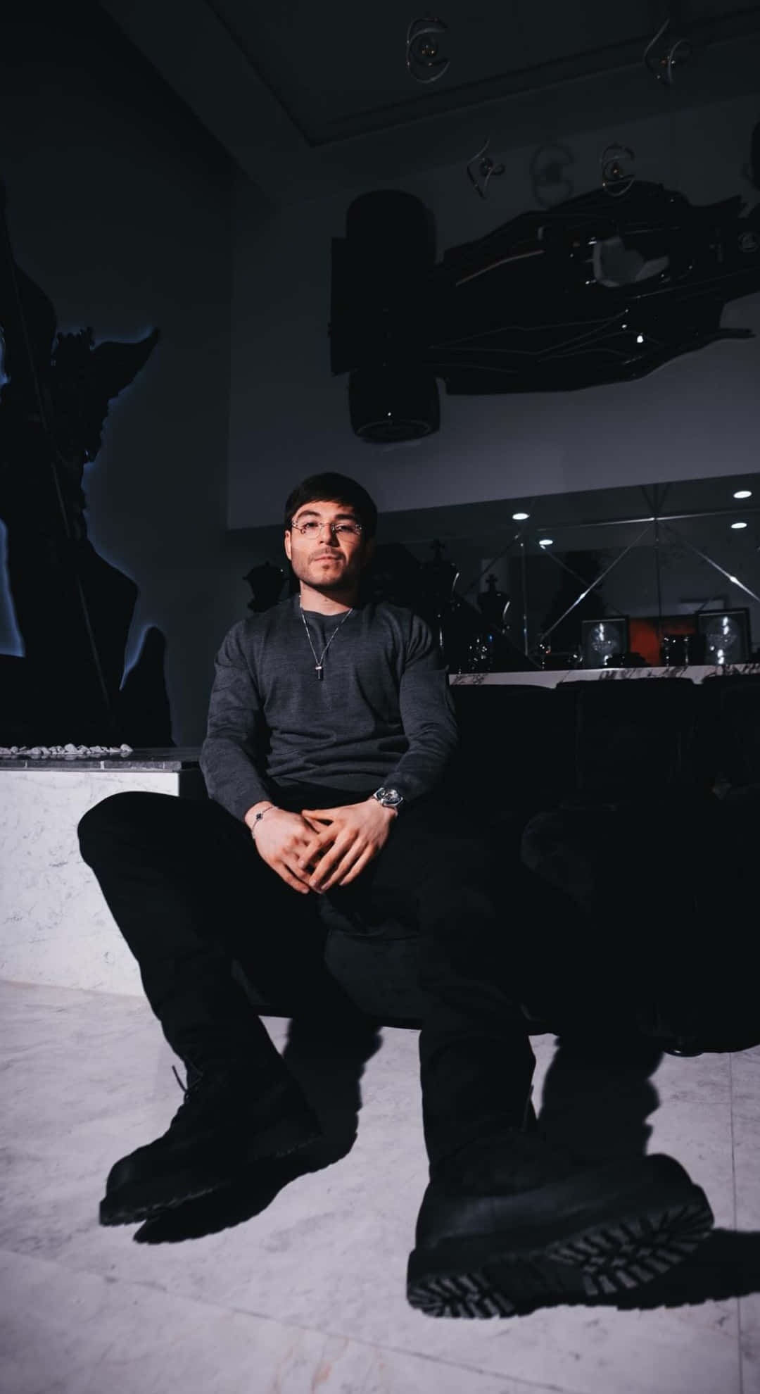 Tito Double P, dark clothing, white marble floor, Full HD Phone Wallpaper
