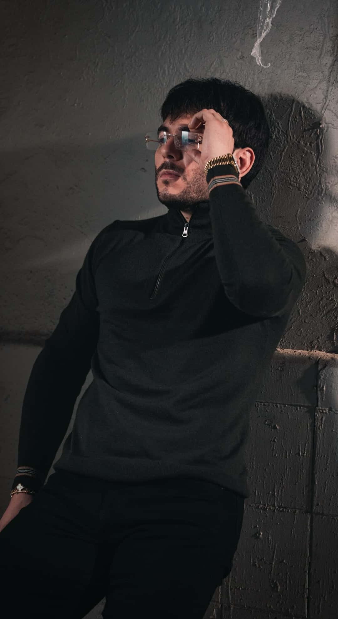 Tito Double P, black zip-neck sweater, textured gray wall, Full HD Phone Wallpaper