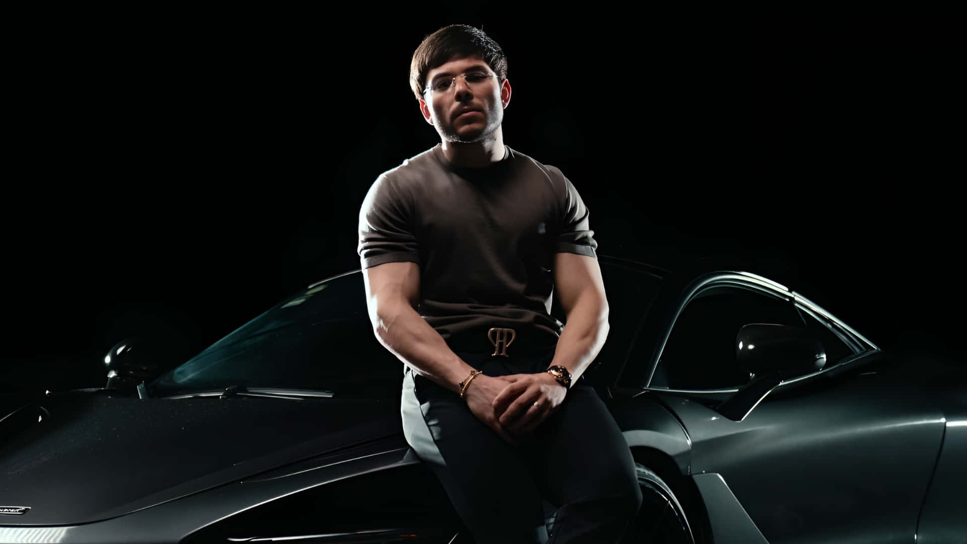 Tito Double P, sleek black sports car, glasses, Full HD Desktop Wallpaper