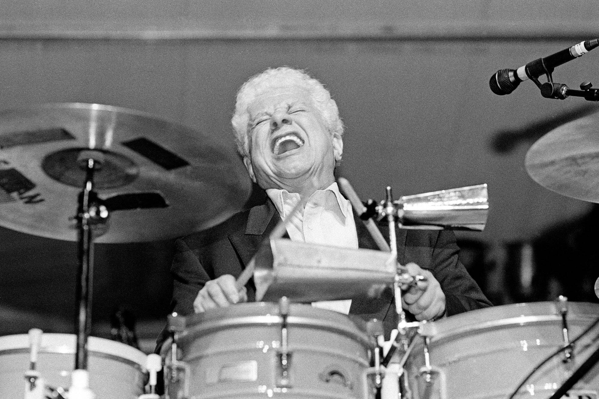 Tito Puente, drum kit, black and white photo, Full HD Desktop Wallpaper