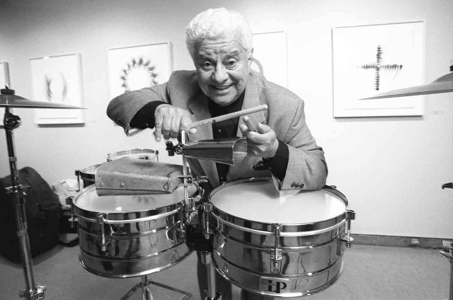 Tito Puente, greyscale photo, drum set, HD Desktop Wallpaper