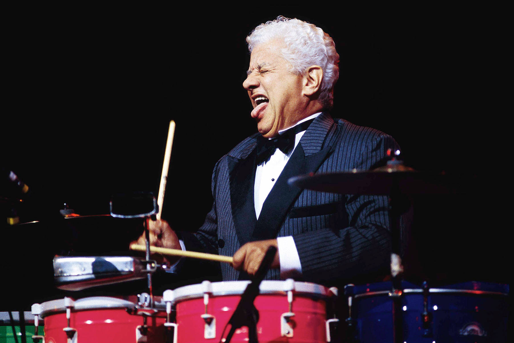 Tito Puente, tuxedo, red and blue drums, HD Desktop Wallpaper