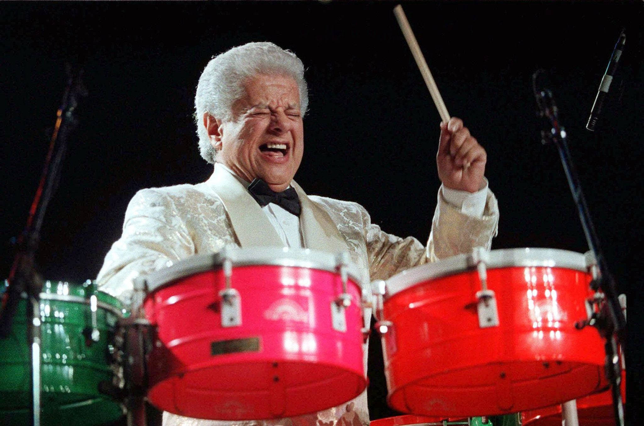 Tito Puente, bright red drums, dark stage, Full HD Desktop Wallpaper