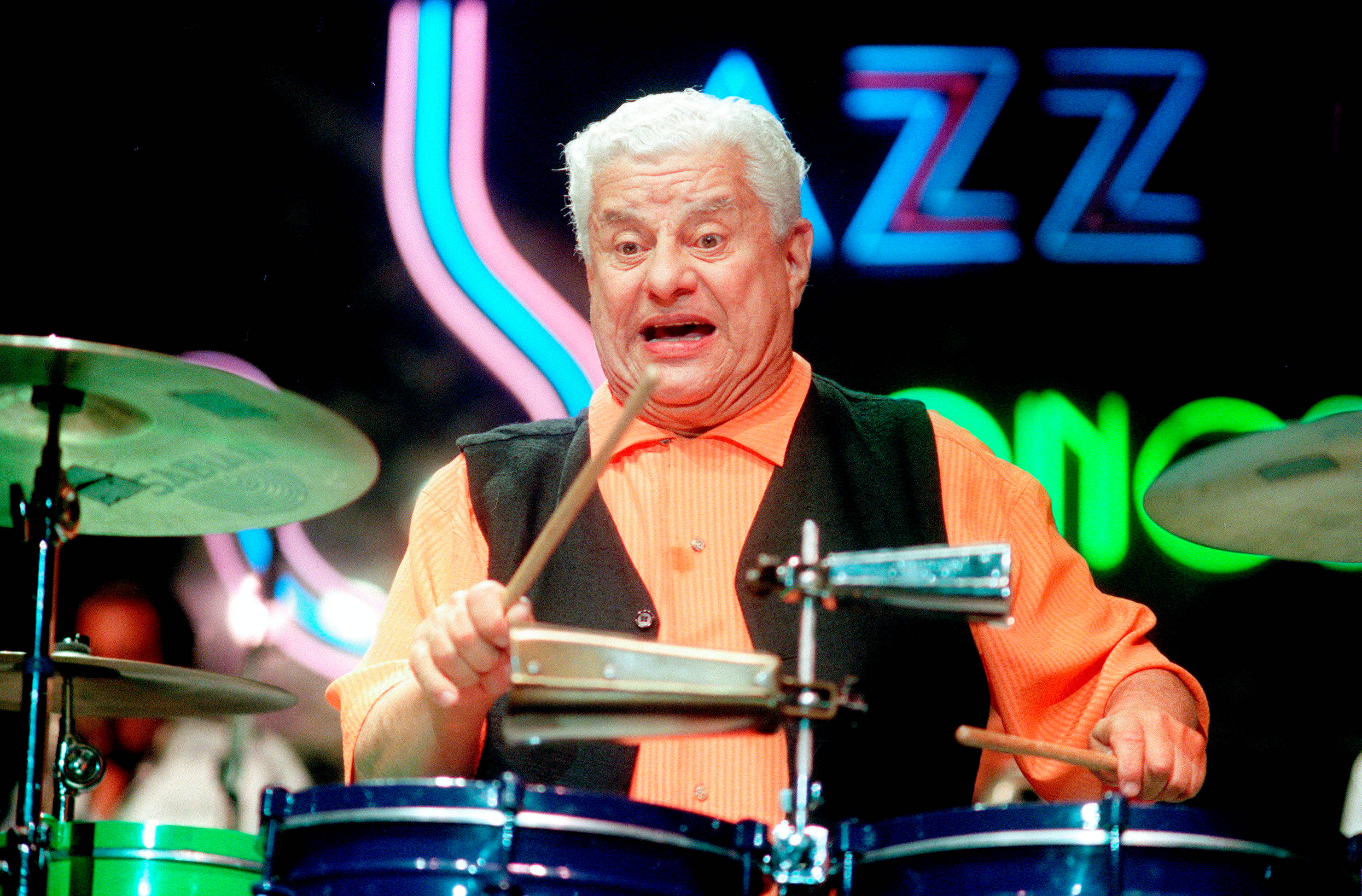 Tito Puente, neon lights, jazz drummer, 2K Desktop Wallpaper