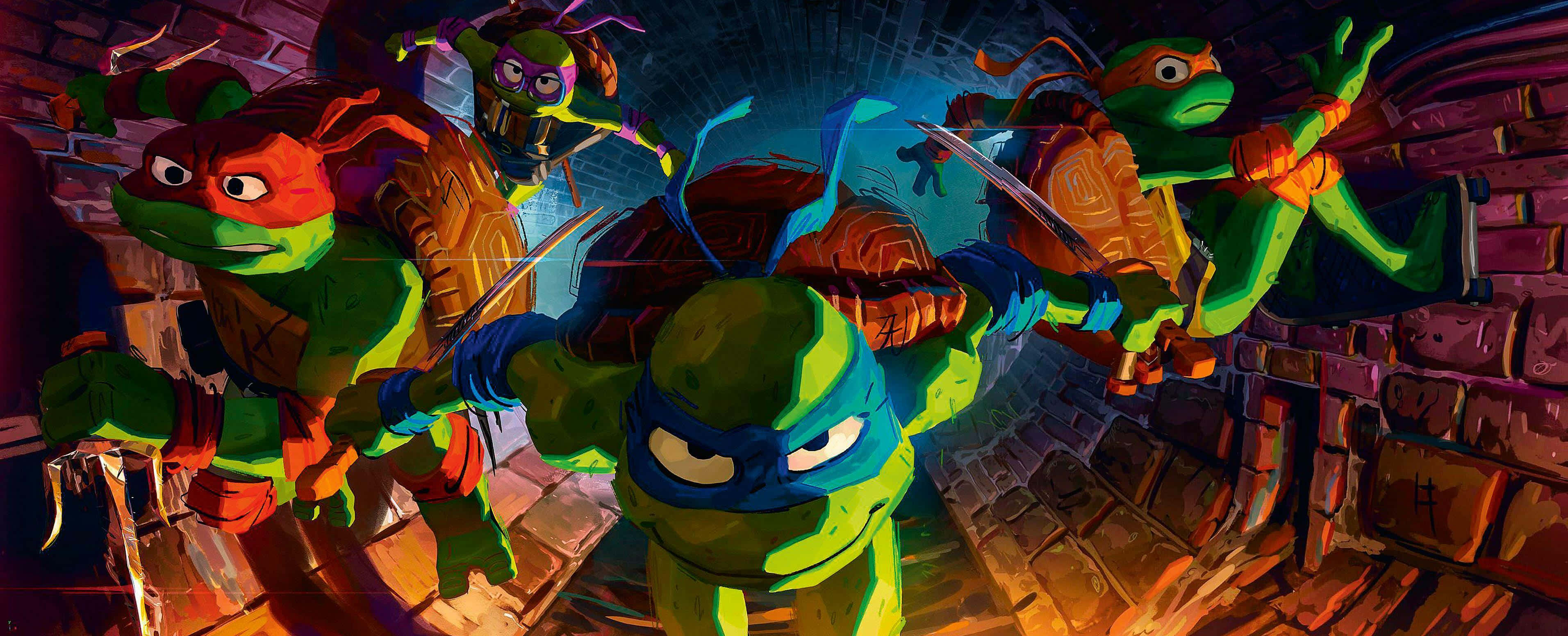 Tmnt Mutant Mayhem, green ninja turtles, orange blue red and purple masks, 2K Desktop Wallpaper