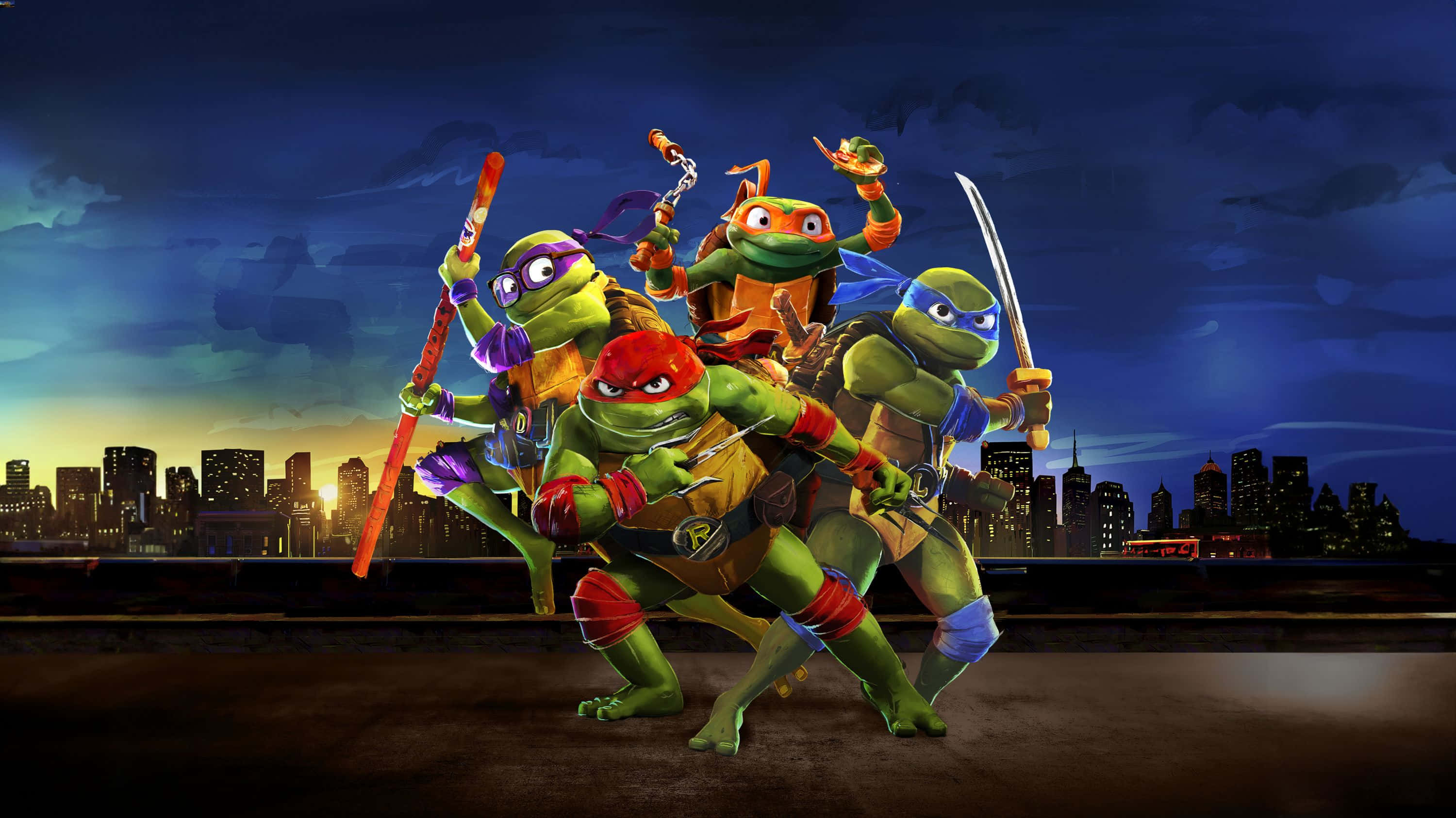 T M N T, anthropomorphic turtles, colored masks, 2K Desktop Wallpaper