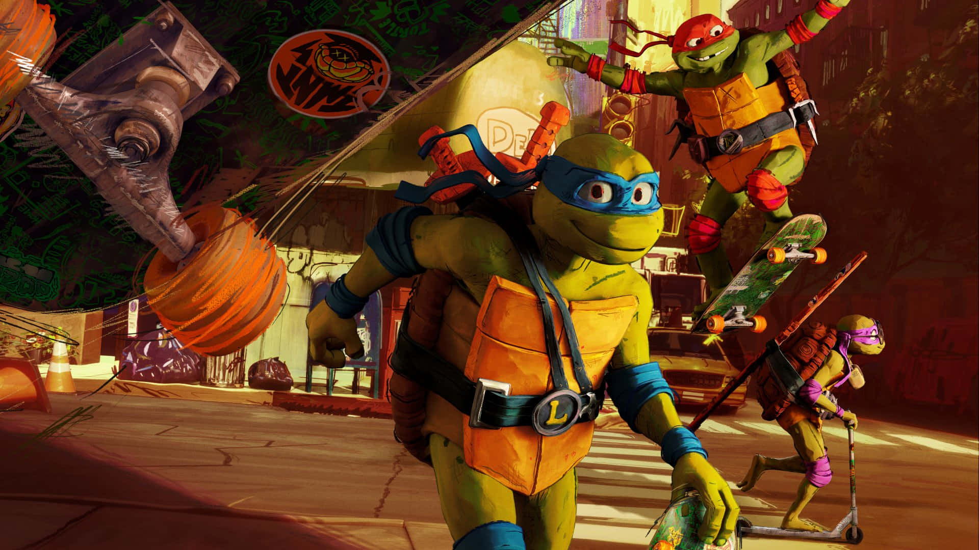 Tmnt Mutant Mayhem, orange and blue gear, gritty urban alley, Full HD Desktop Wallpaper