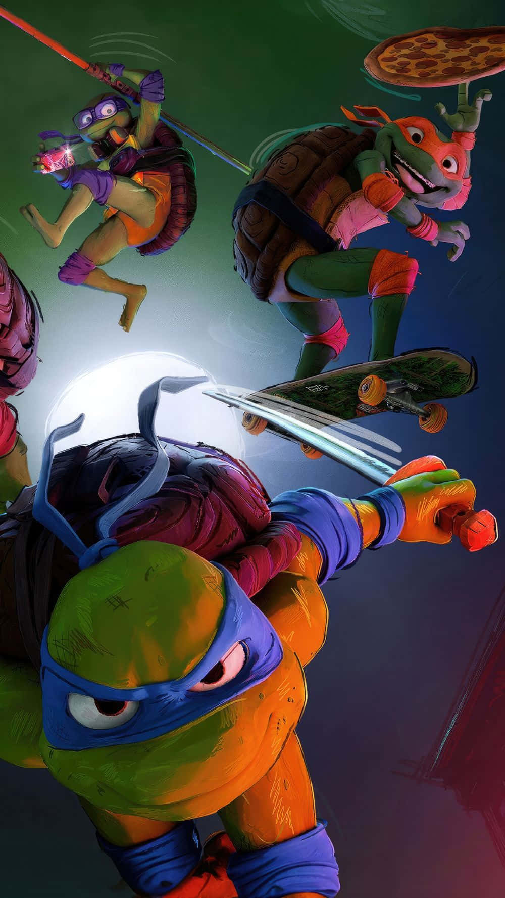 Tmnt Mutant Mayhem, neon-lit cityscape, pizza, HD Phone Wallpaper