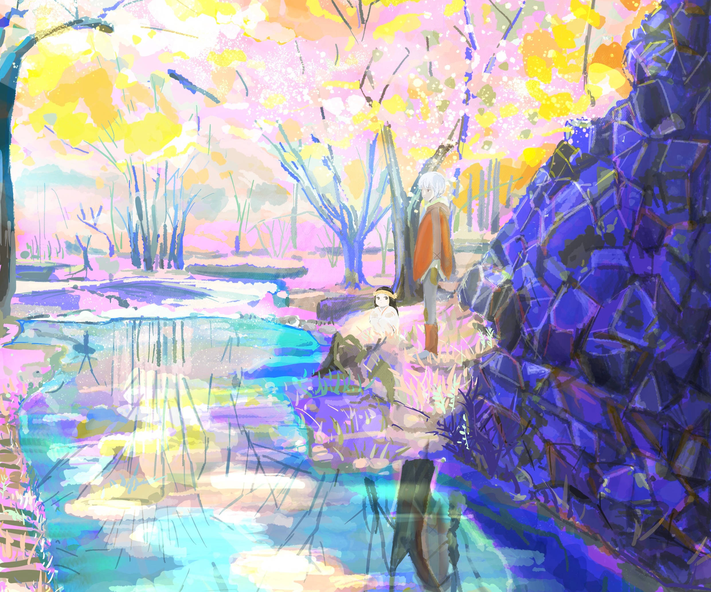 To Your Eternity, glowing stream, pink and yellow blossoms, Full HD Desktop Wallpaper