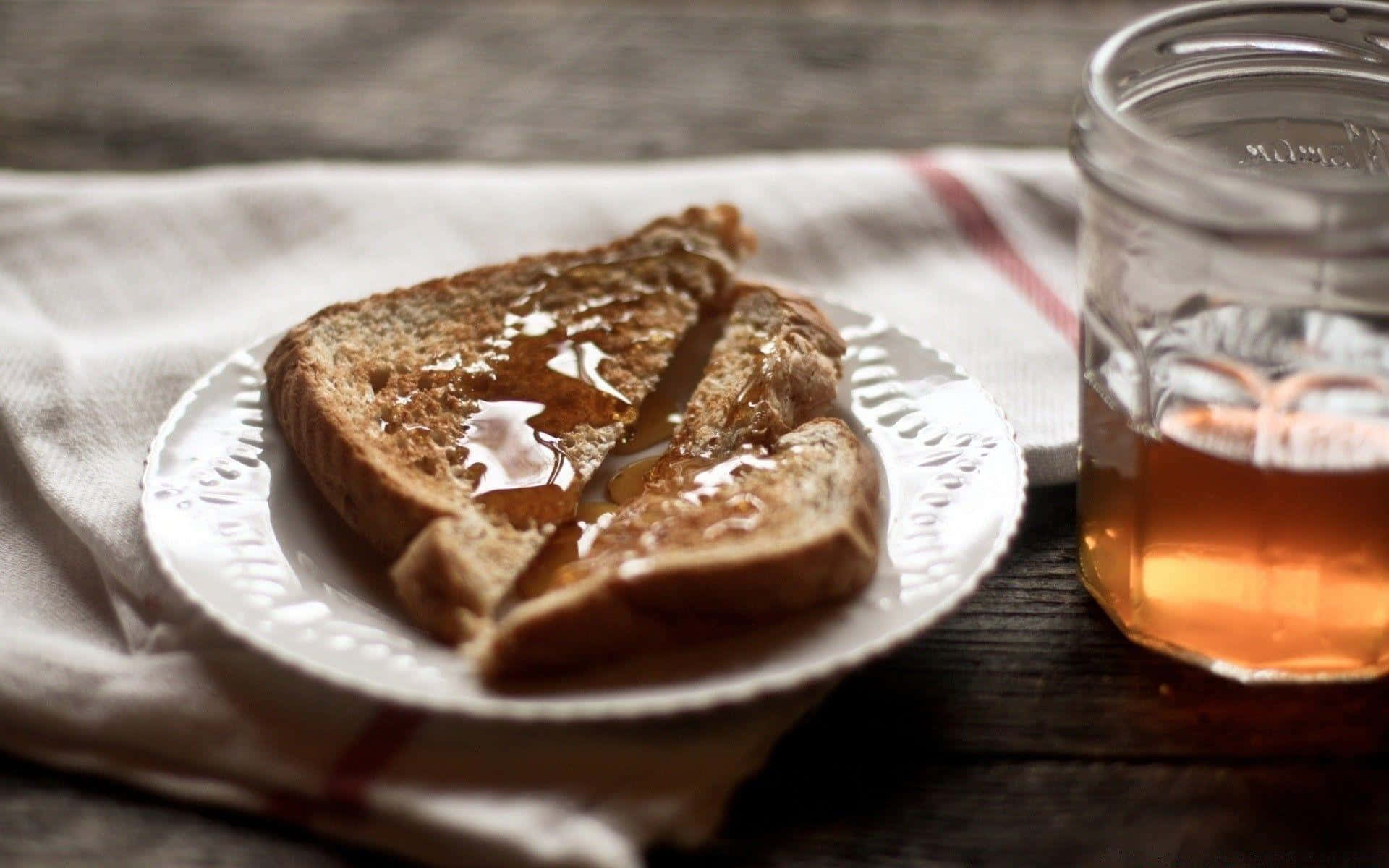 honey, toasted bread, white plate, Full HD Desktop Wallpaper
