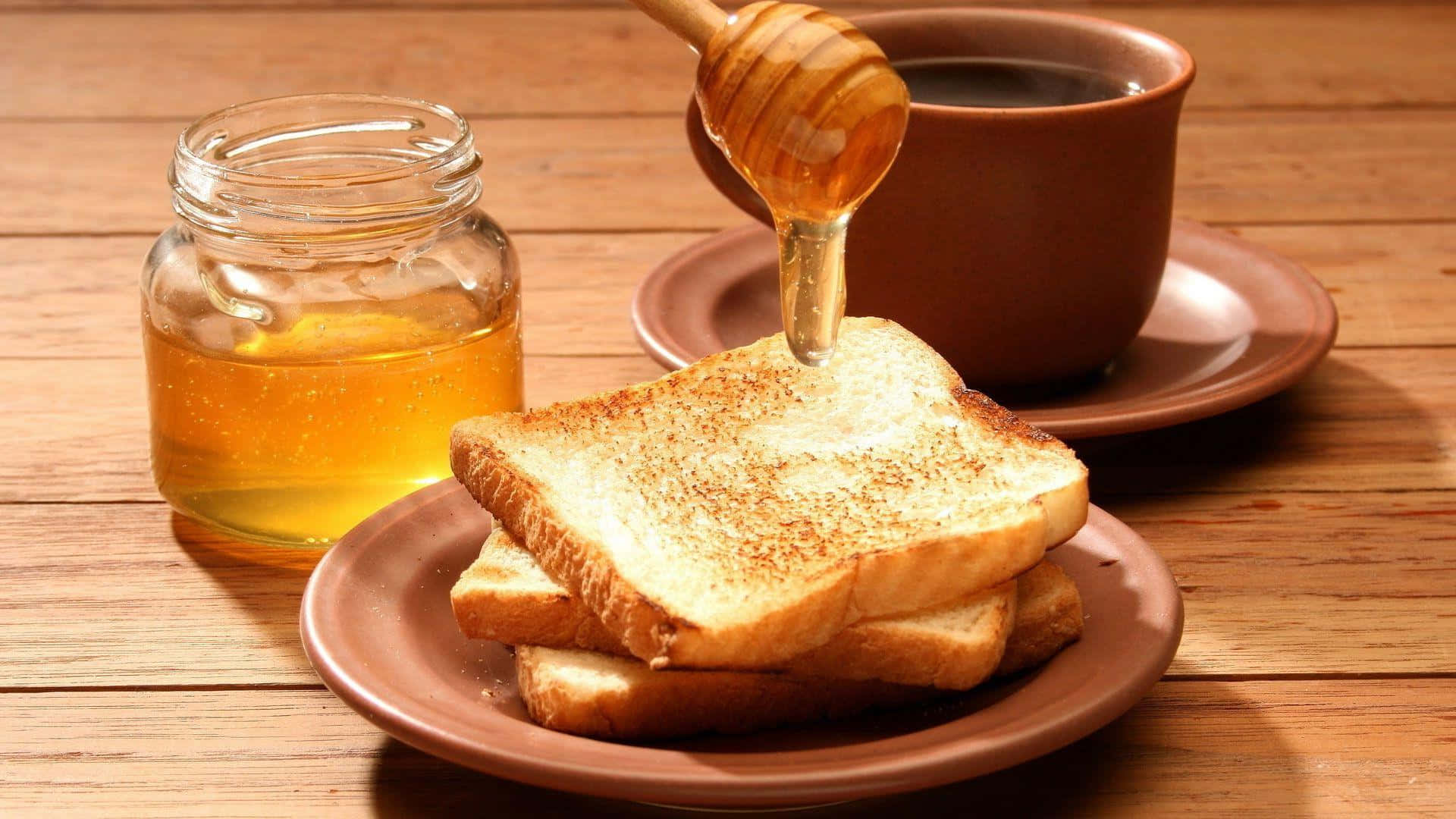 honey, wooden dipper, toasted bread, Full HD Desktop Wallpaper