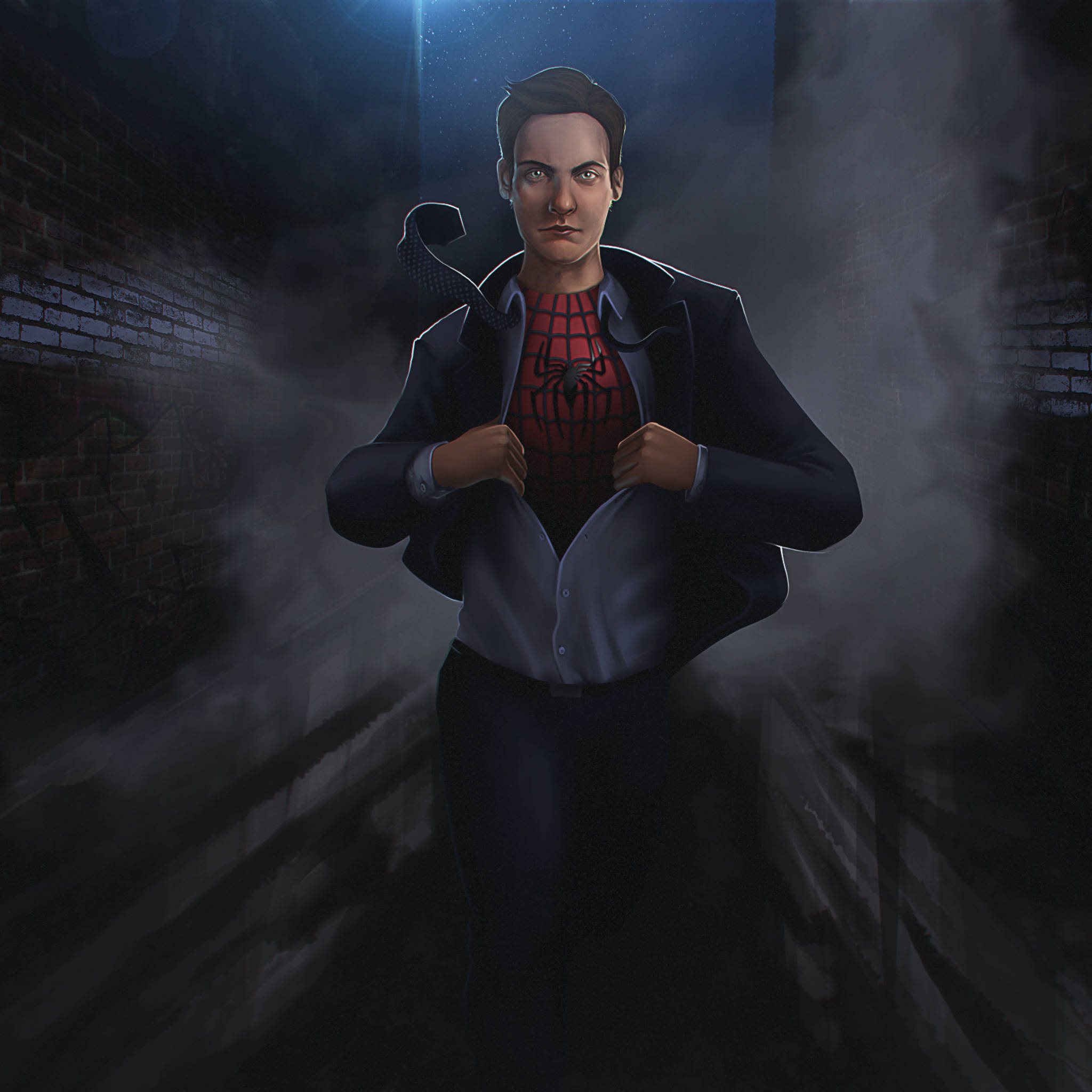 Tobey Maguire, red spider suit, dark alley, Full HD Desktop Wallpaper