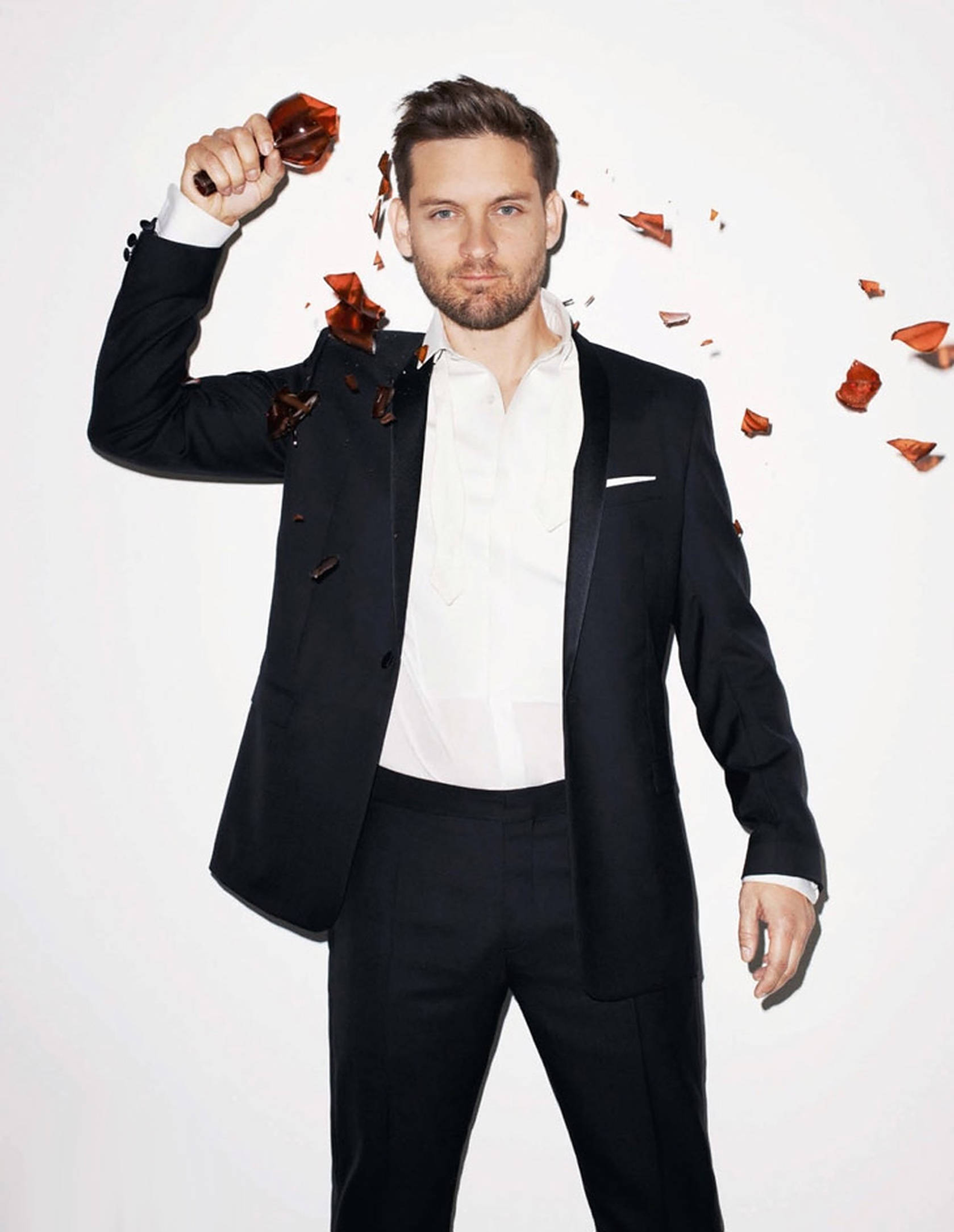 Tobey Maguire, black suit, shattered amber glass bottle, Full HD Phone Wallpaper