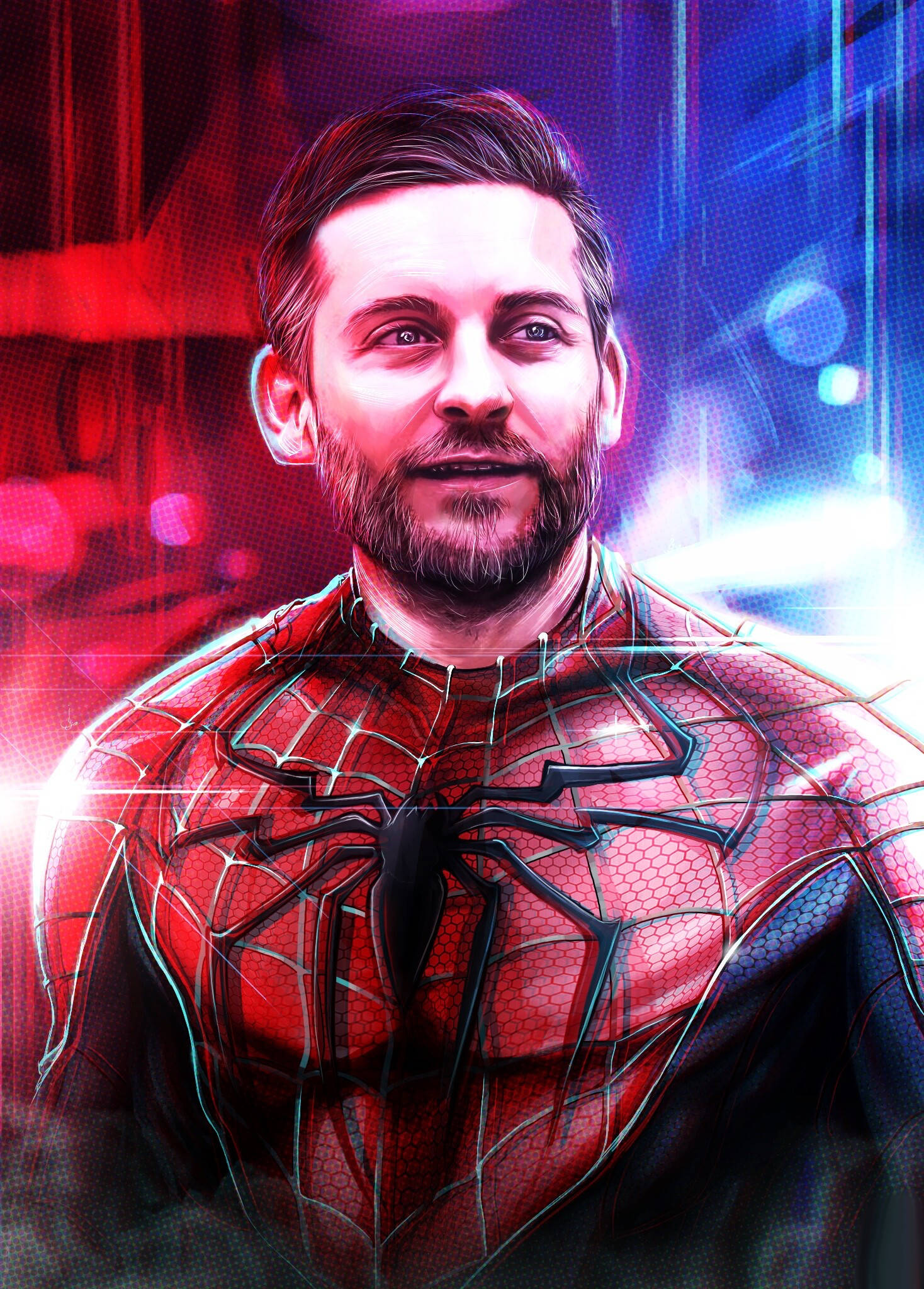 Tobey Maguire, red and blue Spider-Man suit, neon cityscape, Full HD Phone Wallpaper