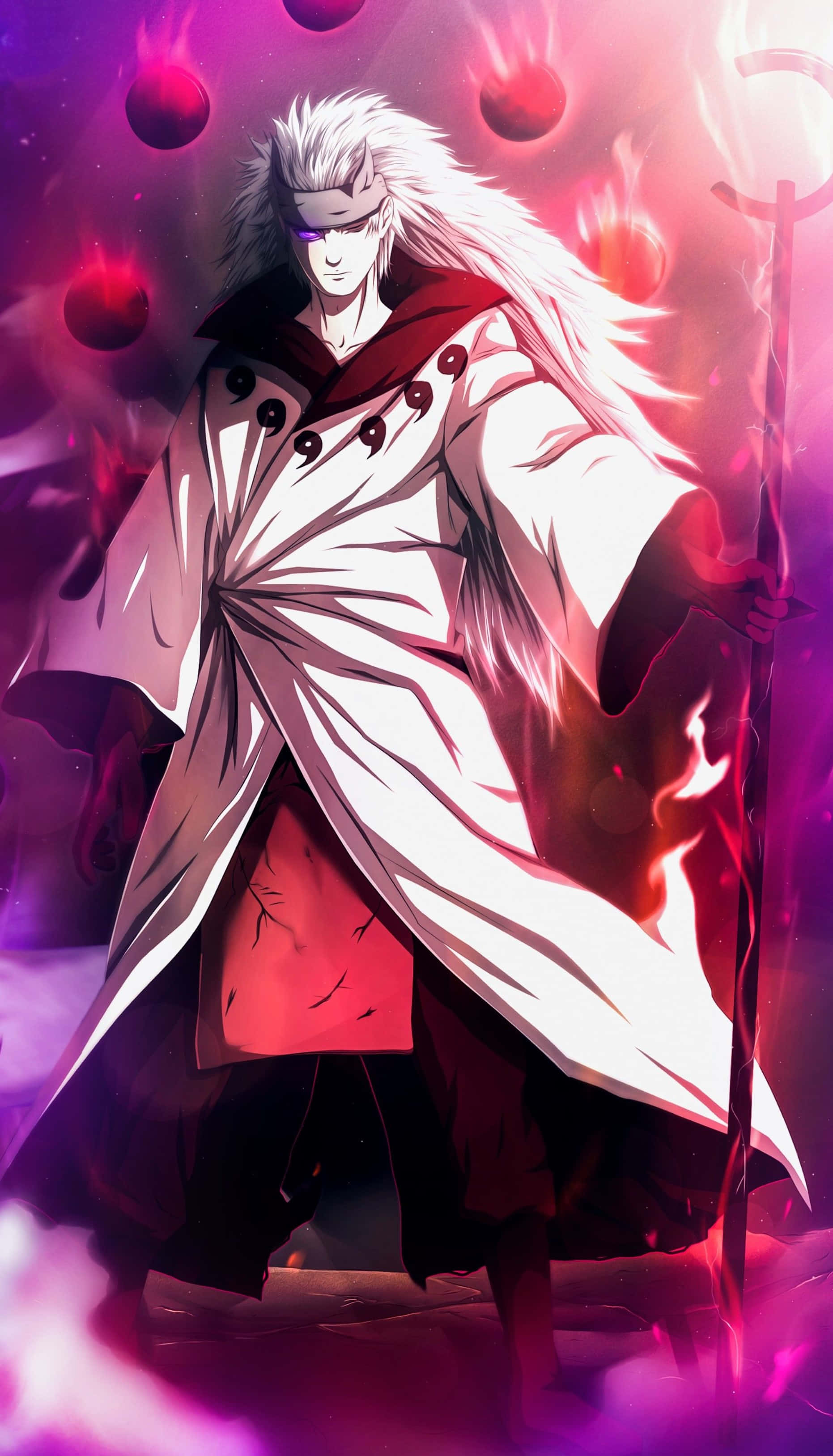 Tobi iPhone, white-haired anime warrior, flowing robe, 2K Phone Wallpaper