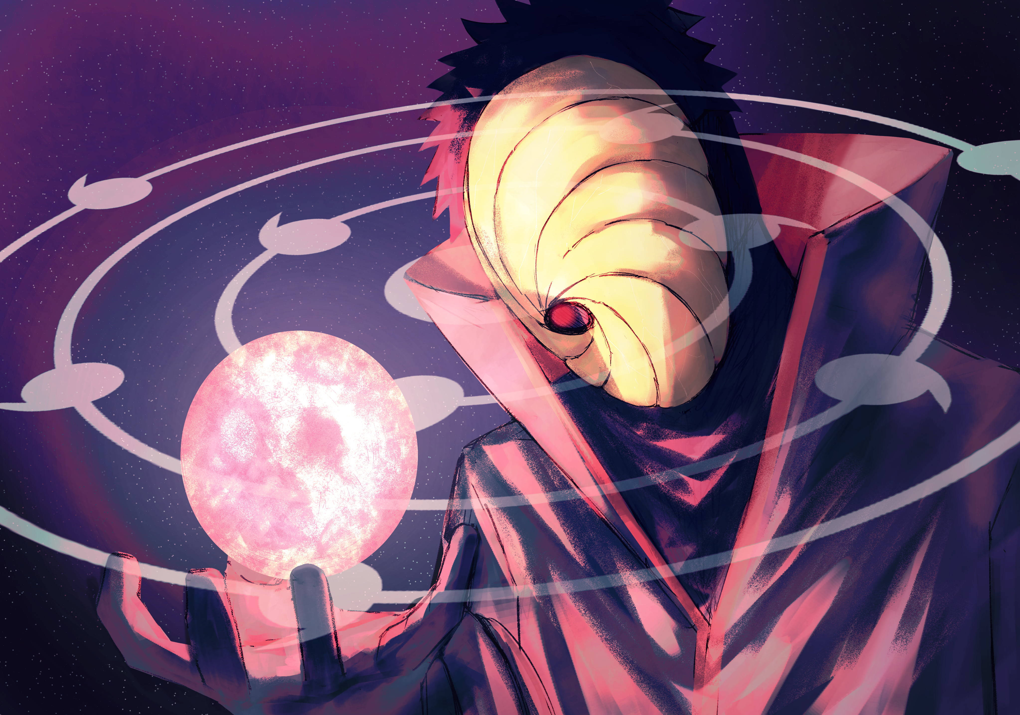Tobi Naruto, glowing pink sphere, starry purple background, 4K Desktop Wallpaper