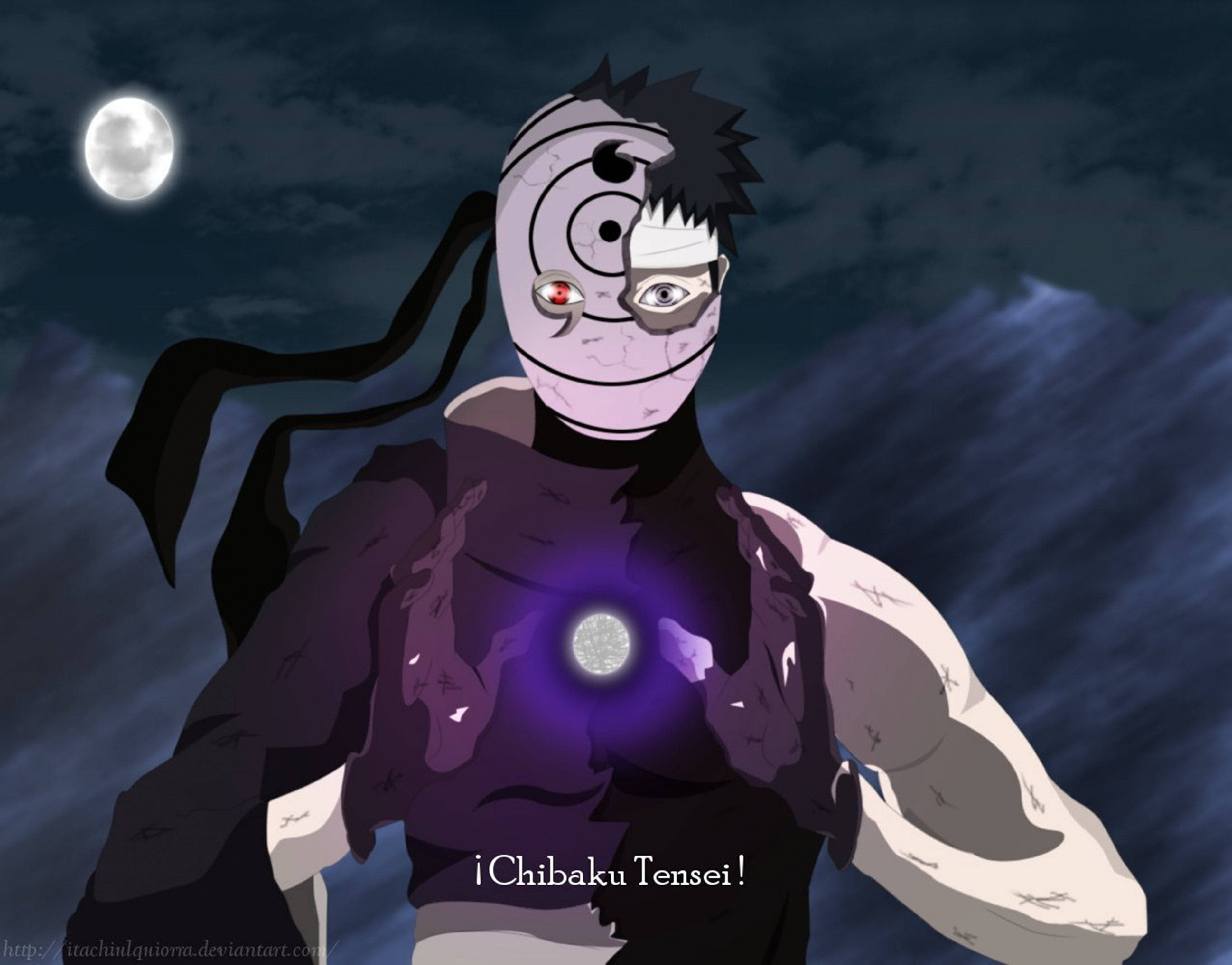 Tobi Naruto, cracked mask, glowing purple core, 2K Desktop Wallpaper