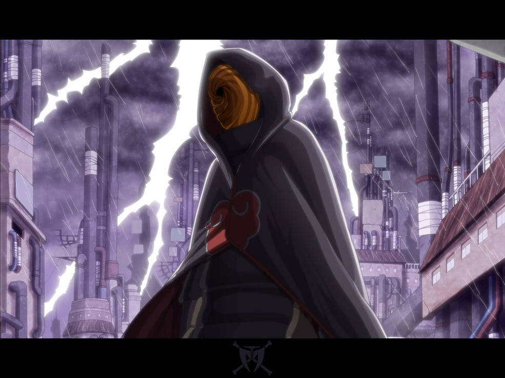 Tobi Naruto, glowing orange eye, rainy industrial cityscape, SD Desktop Wallpaper