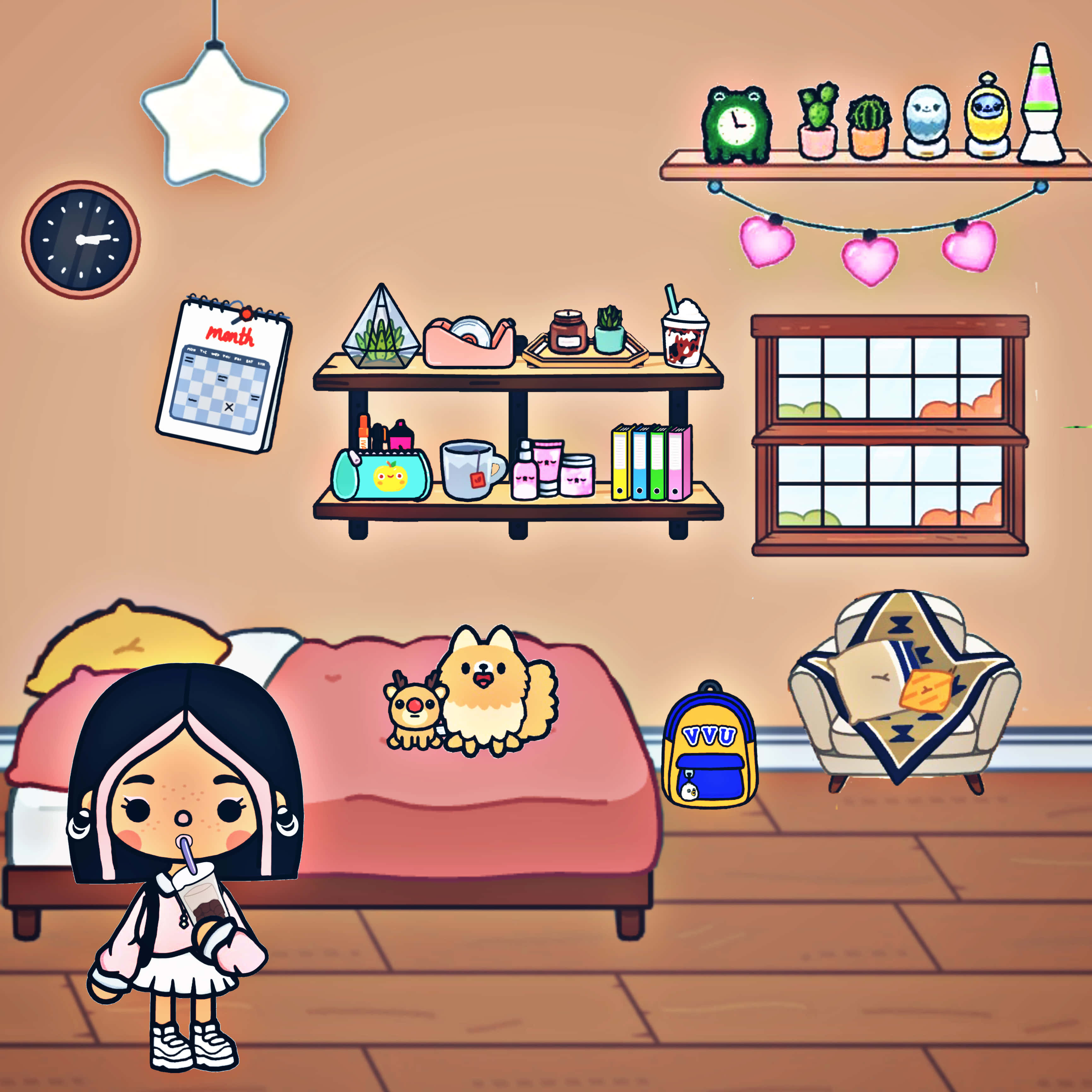 Toca Boca Character, cozy bedroom, fluffy dog, 2K Desktop Wallpaper