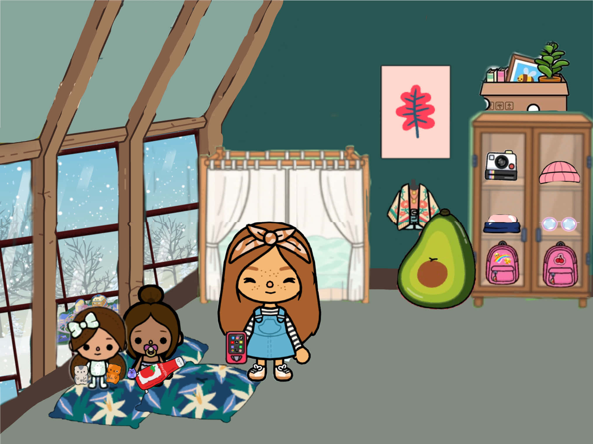 Toca Boca, Winter Cabin Scene, star-patterned bed, Full HD Desktop Wallpaper