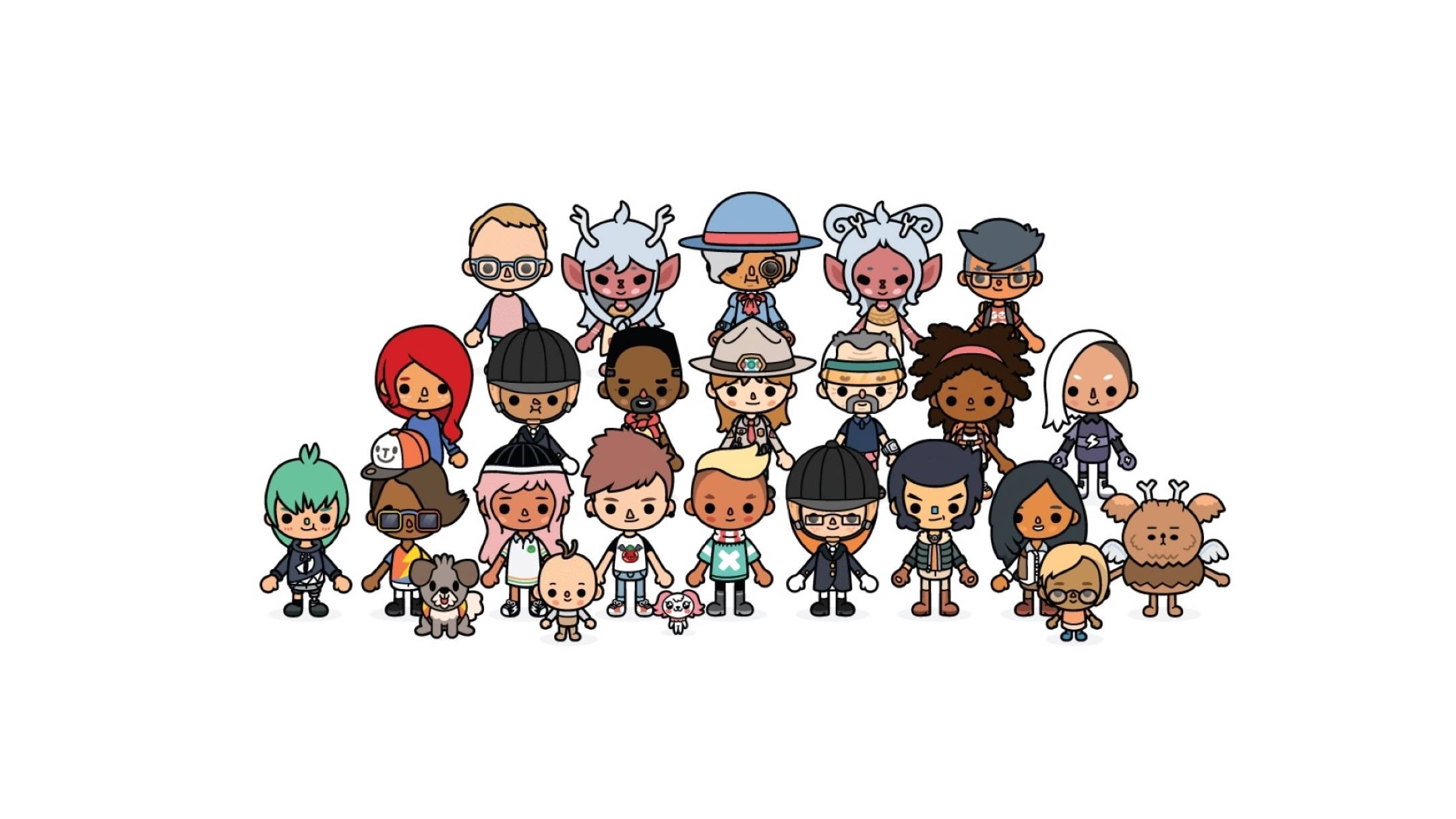 Toca Boca Characters, chibi-style cartoon characters, white background, Full HD Desktop Wallpaper