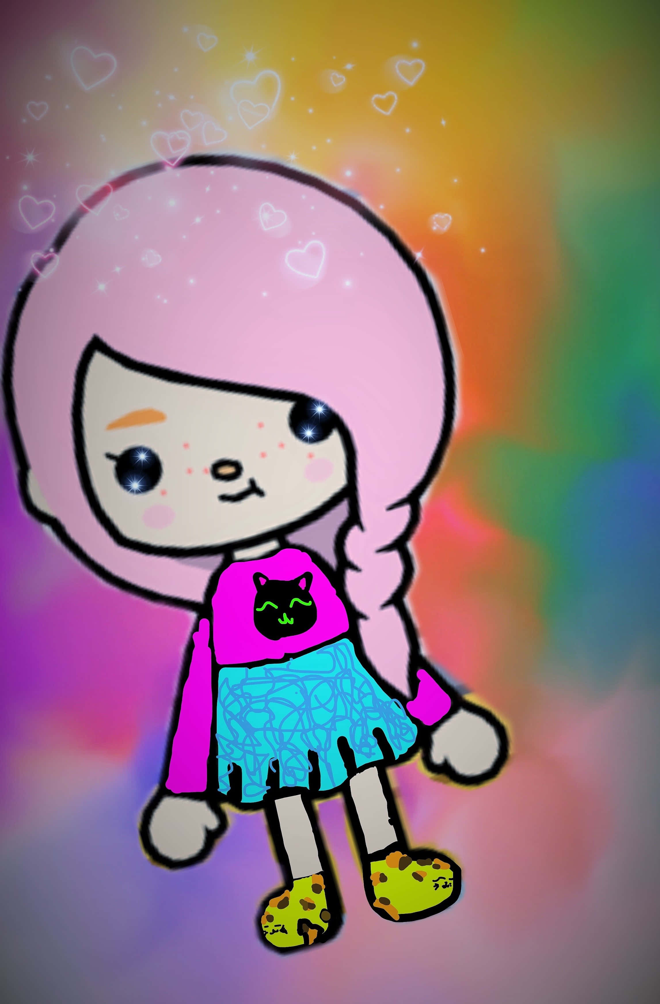 Toca Boca Character, pink hair, cat shirt, 2K Phone Wallpaper